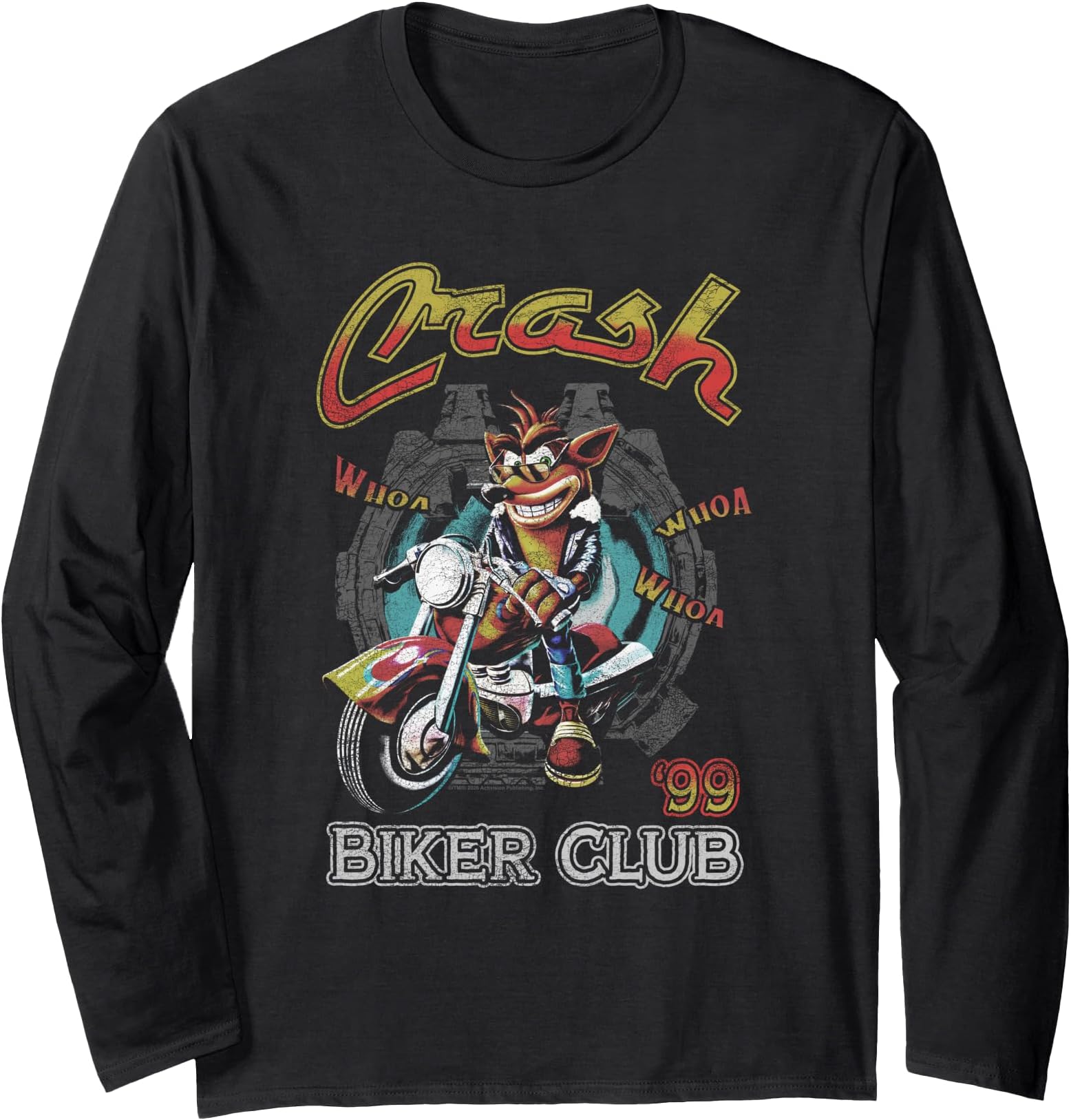 Crash Bandicoot Vintage Biker Club '99 Distressed Video Game 長袖Tシャツ