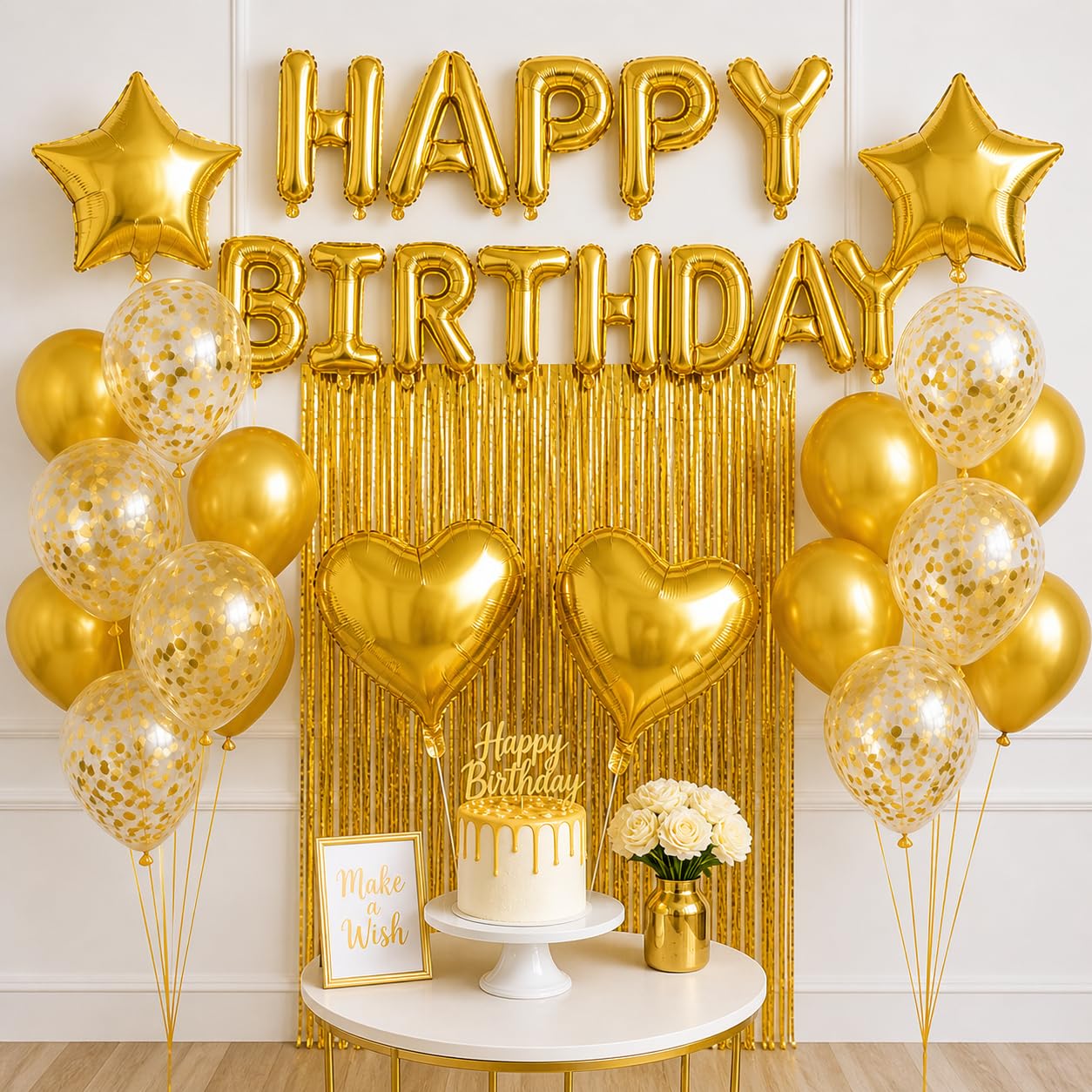Happy Birthday Balloon Decoration Kit – Metallic Party Backdrop Set with Foil Letter Balloons, Confetti & Latex Balloons, Fringe Curtain & Heart Balloons (GOLD SET)