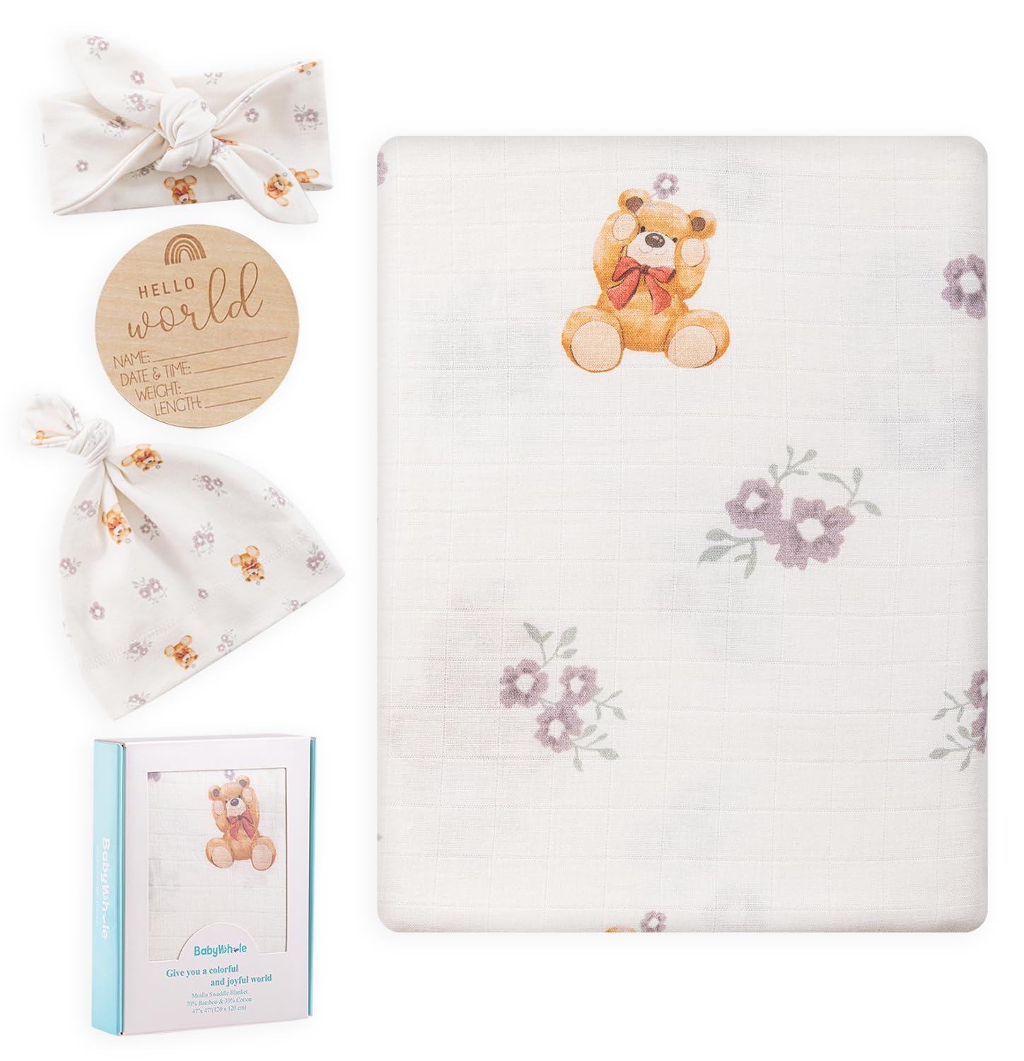 Muslin Swaddle Blanket with Hat and Headband Bow, Flower and Bear Print Swaddle Set for Baby Boys ＆ Girls, Soft Breathable Unisex Receiving Blanket Wrap, 47x47 inches