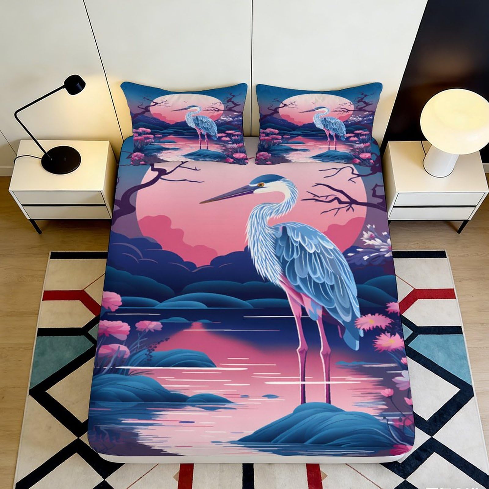 3D Printed Heron Sunset Fitted Sheet Microfiber Soft Anti-Slip Mattress Cover Japanese Lake Bed Decor Bedroom Use 160x200x25cm