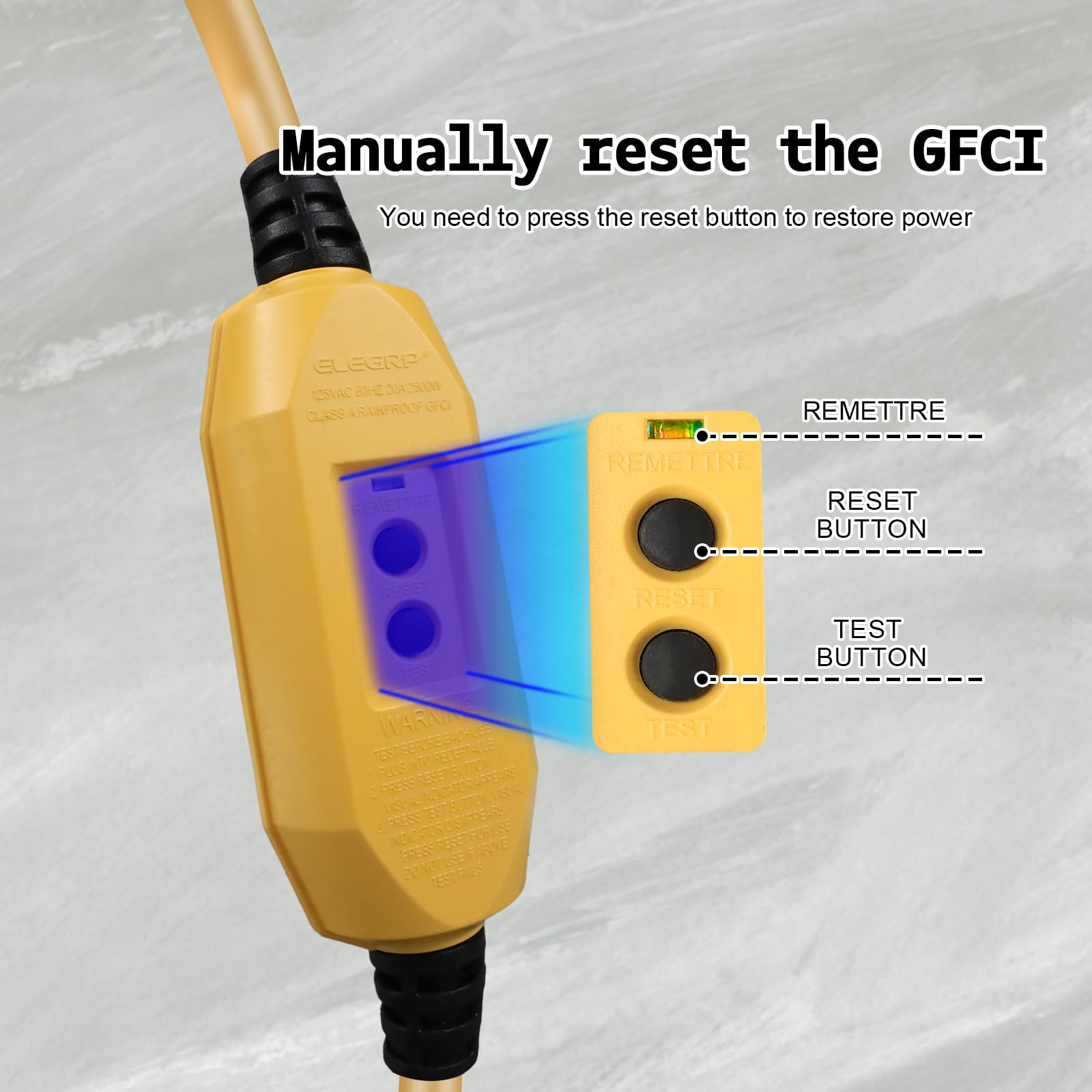 Cavo di prolunga illuminato GFCI per esterni da 3 piedi con 3 prese, 15 amp 12/3 SJTW cavo di prolunga giallo resistente con spina di terra a 3 punte per maggiore