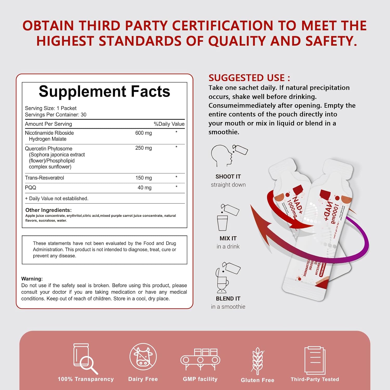 NAD Supplement 1000 mg Liquid Packets - NAD Supplements for Women & Men with Nicotinamide Riboside, Resveratrol, PQQ, Quercetin - NMNH Supplement Alternative for Anti-Aging, Energy-30 Packets - Image 7