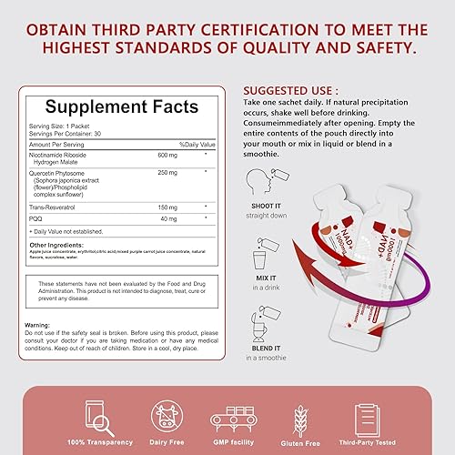 Miniatura 7 de Suplemento NAD 1000 mg paquetes líquidos  Suplementos NAD para mujeres y hombres con ribósido de nicotinamida, resveratrol, PQQ, quercetina