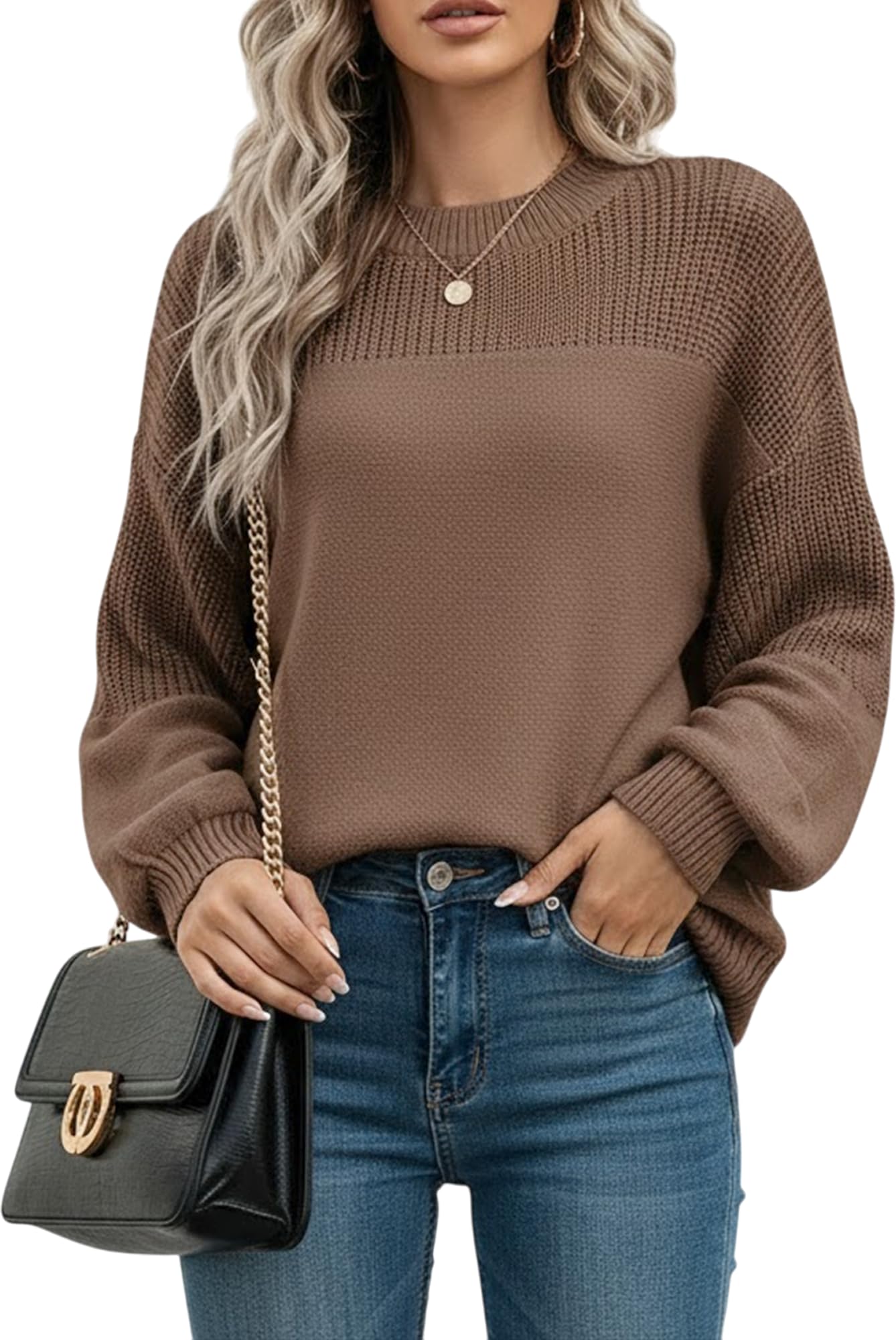 Womens Casual Long Sleeve Crewneck Knit Sweater Soft and Loose Pullover Jumper Tops for Fall and Winter Stylish