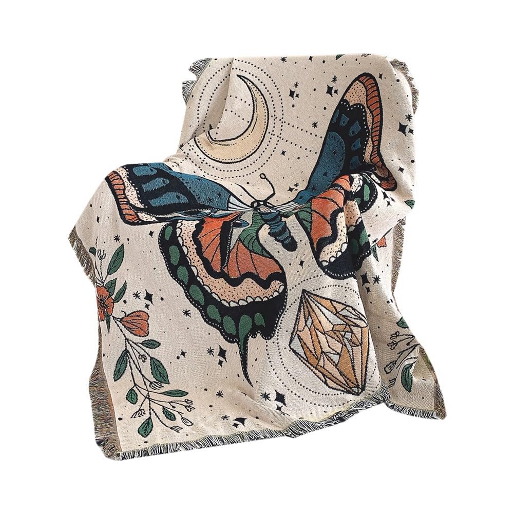 Osmond Butterfly Pattern Throw Blanket for Sofa Bed Seat Boho Jacquard Tassels Tapestry Home Decor Outdoor Picnic Mat Easy to Use 160 X 130cm