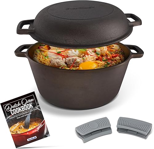 StarBlue - Horno holandés de hierro fundido liso y pulido – Hierro fundido de 5 cuartos de galón con 10 pulgadas de diámetro, sartén multiusos 2 en