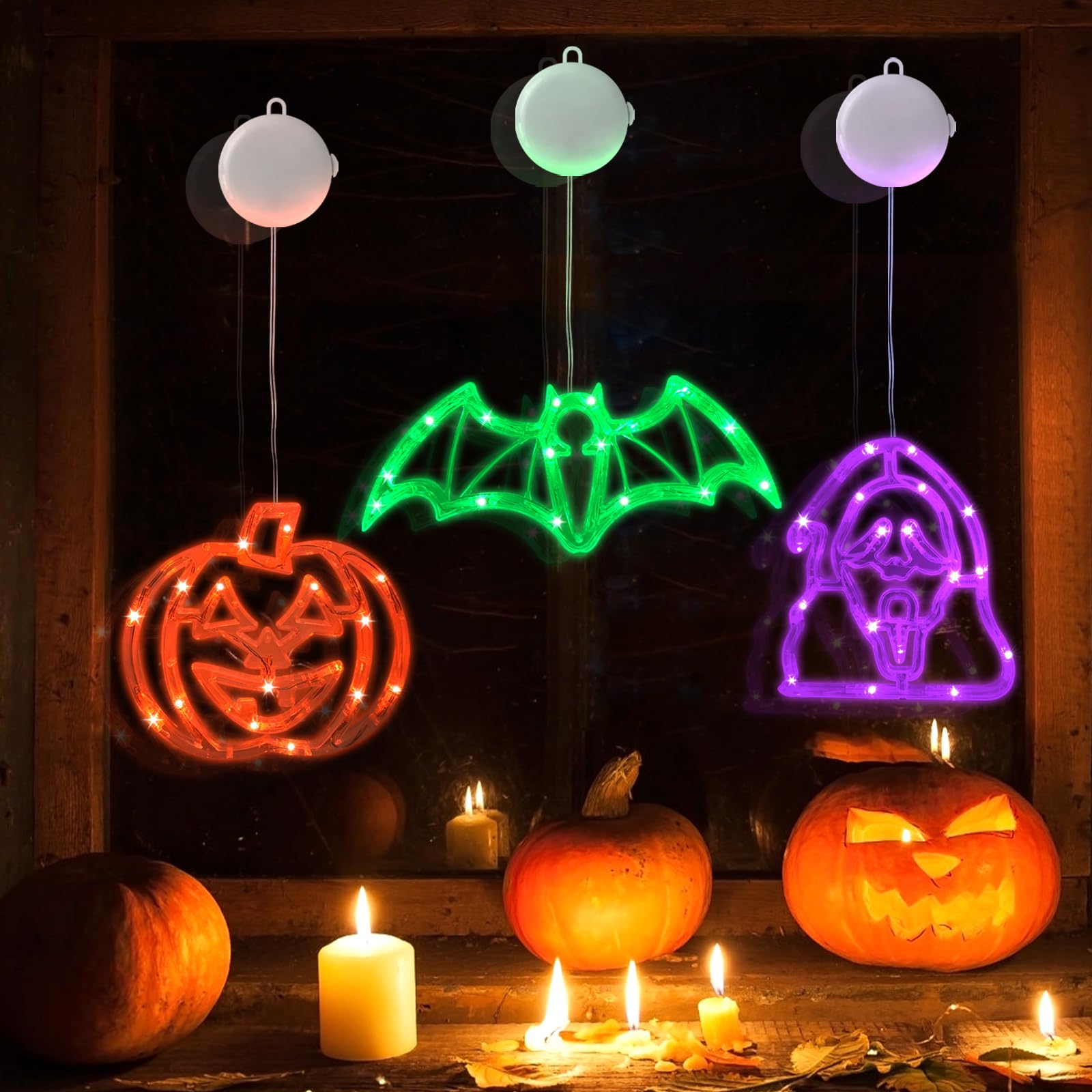 Jsdoin3 Pack Halloween Decorations, Halloween Window Lights with Suction Cup, Timing Function, Pumkin Bat Ghost Outdoor Indoor Lights, Battery PoweredCarbonfree Certified