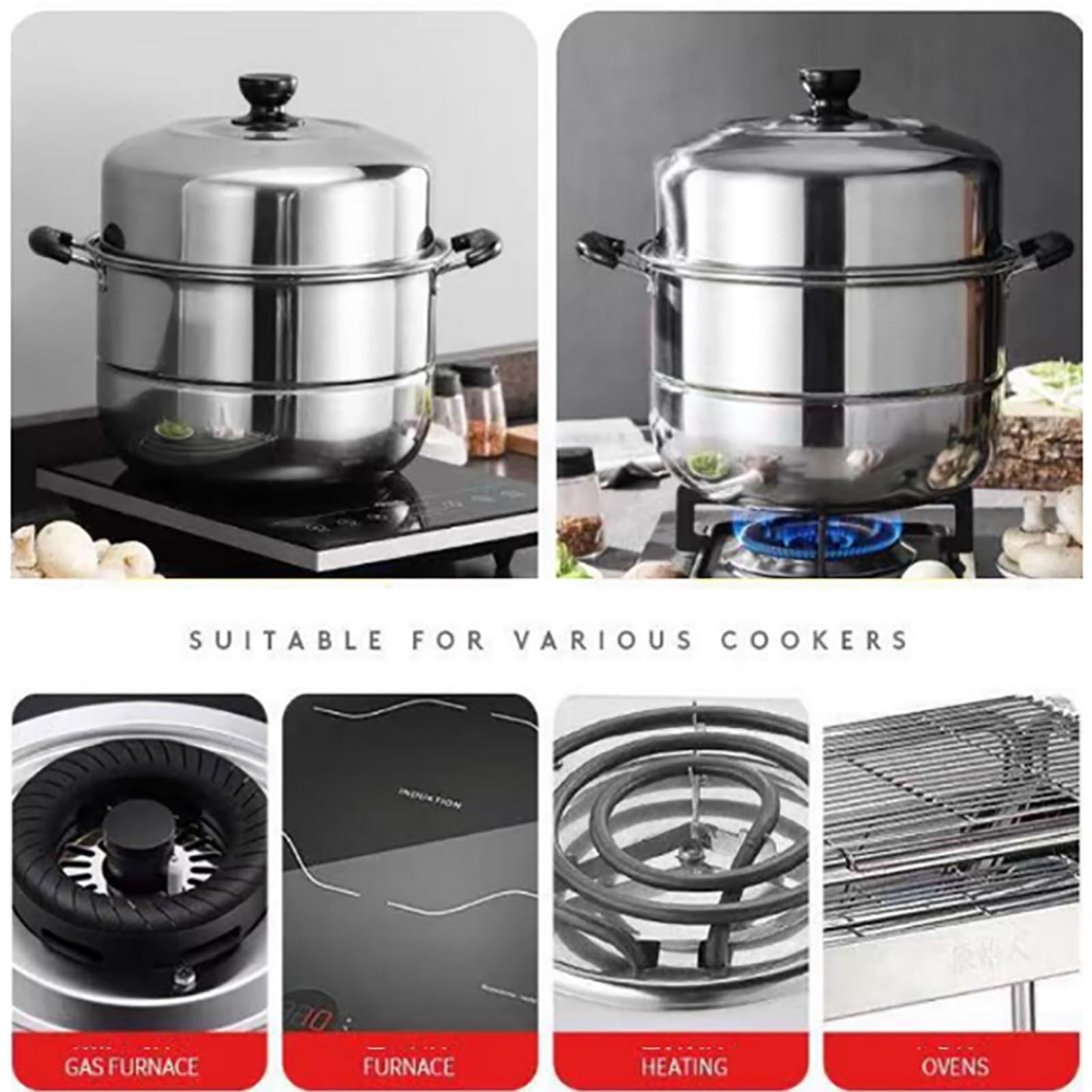 Grande pentola a vapore in acciaio inox a 2 strati per fornelli a induzione e fornelli a gas, design ispessito per uso alimentare, 38 cm