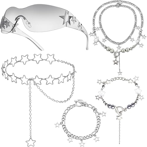 5 Pcs Y2K Accessories Set for Women, Silver Y2k Star Jewelry Set with Layered Necklace Retro Sunglasses Star Belt Chain and Bracelet, Vintage 90s