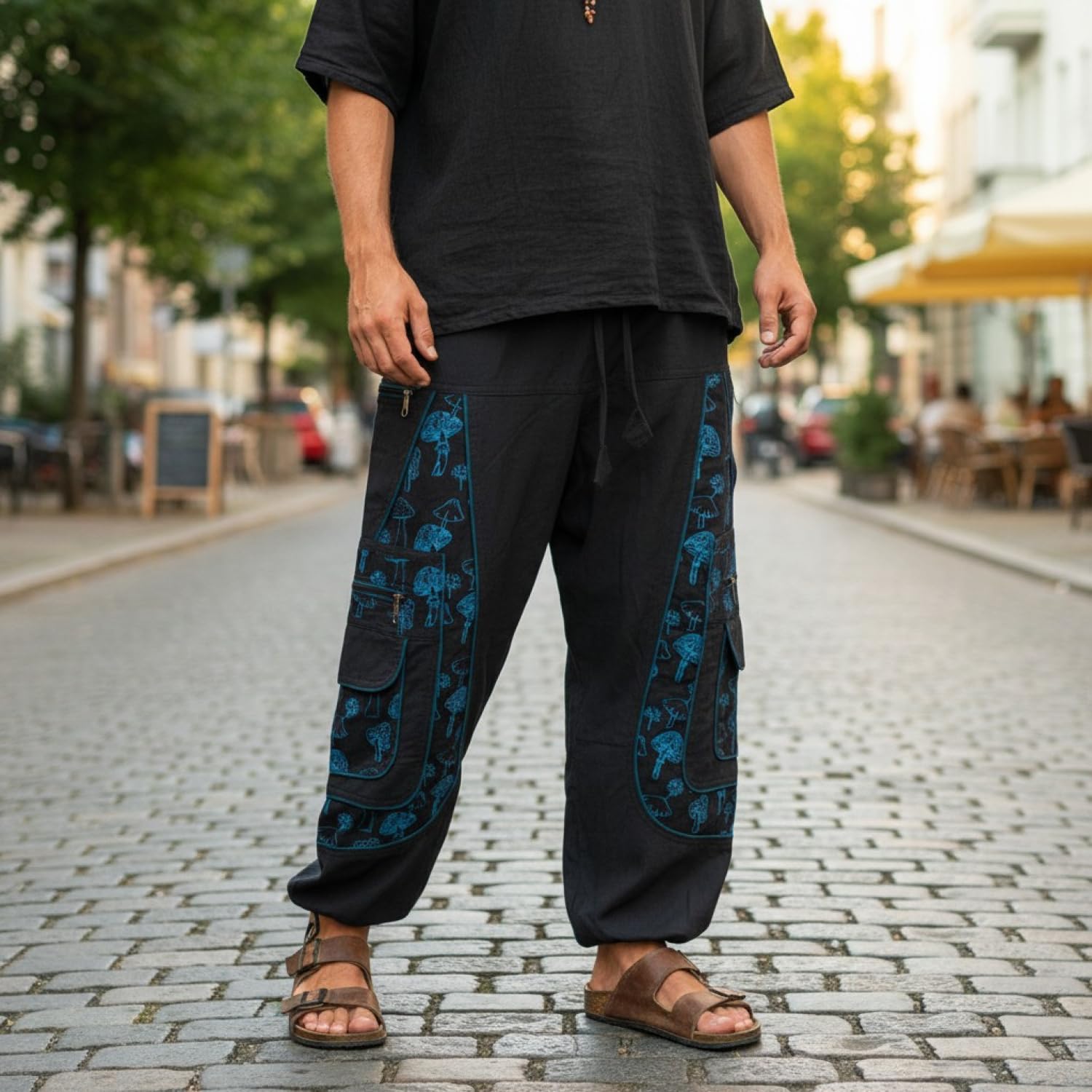 GURU SHOP Goa, męskie spodnie do jogi, wygodne spodnie rekreacyjne z nadrukiem grzybowym, bawełna