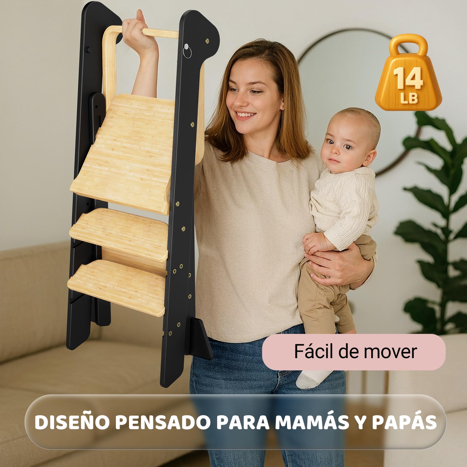 COSYLAND Torre de Aprendizaje Plegable Desde 1 Año – Premio iF Design, Torre Montessori con Red de Seguridad y Altura Ajustable, Ideal para Cocina y Baño, Foldi (Negro y Natural)