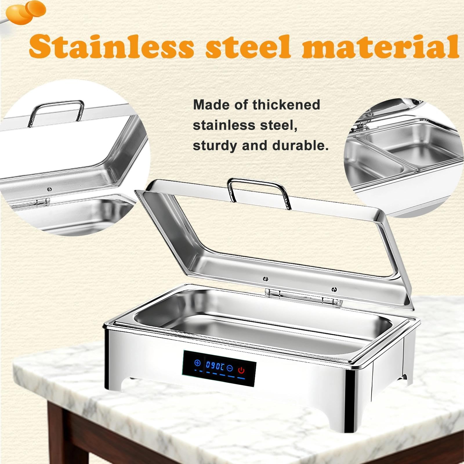 Chafing Dish Eléctrico 9L, Calentador de Buffet Electrico con Toque Inteligente, Acero Inoxidable Calentador de Comida con Tapa Visible para Fiesta, Temperatura Regulable 0-90℃(1/2)