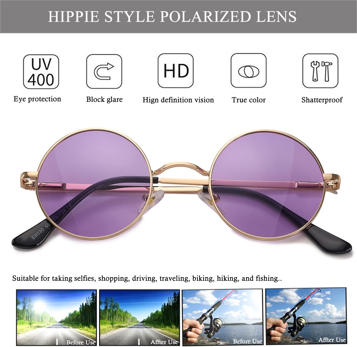 HJSTES Polarized Round Sunglasses Womens Men Retro Hippie Glasses Small Circle Sunnies - Image 5