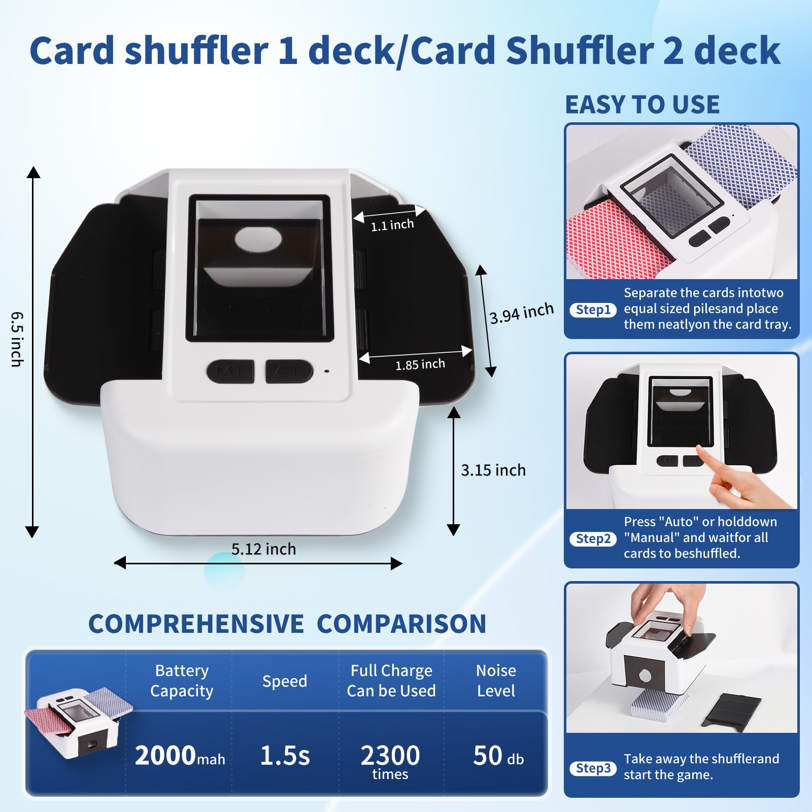 Rechargeable Automatic Card Shuffler for 2 Decks, 2000 mAh Built in Battery USB-C Charge, Low Noise Fast Shuffle, Smart Auto Shuffler for UNO Poker Blackjack Skip-Bo Texas Hold'em Canasta Skyjo(White)