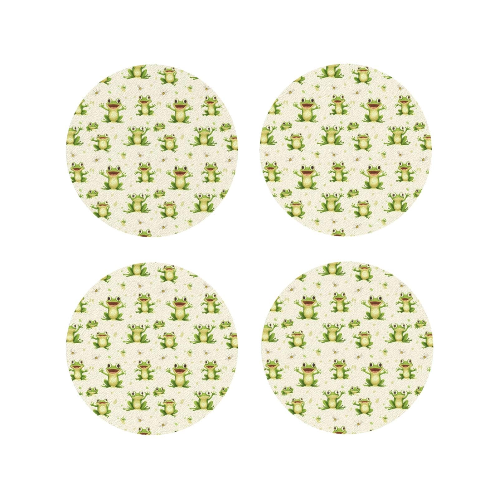 Smazdfxx Women's As Pic Leather Coasters Set Of 4 - Frog Green Cute Print Lightweight Drink Coasters For Desk