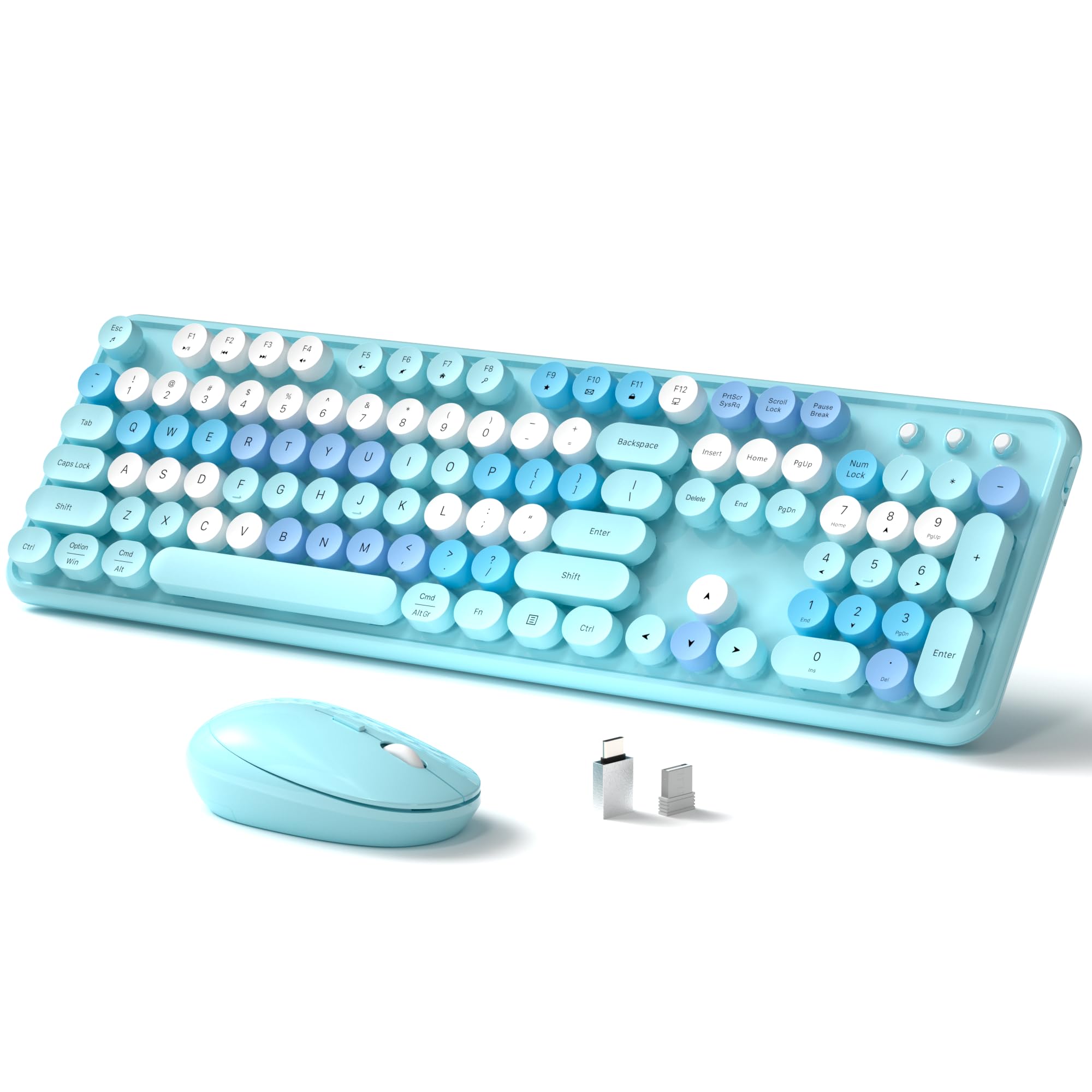 Wireless Keyboard and Mouse, Full-Size Retro Typewriter Keyboard with Round Keycaps, 2.4GHz for Windows, Mac, Laptop, PC, Desktop (Blue Colorful)