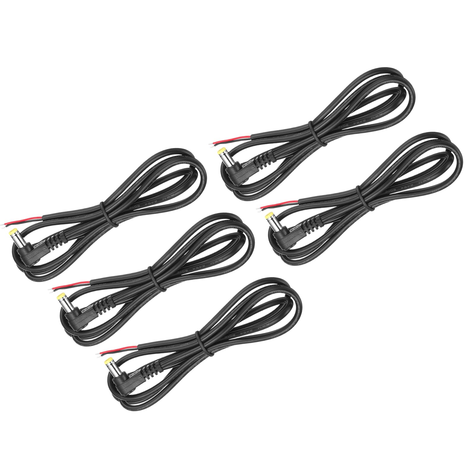 sourcing map 5pcs Replacement 5.5mm x 2.1mm Right Angle 90 Degree DC Power Male Plug Jack to Bare Wire Open End Connector Adapter Pigtail Power Cable Cord for DC Surveillance Camera, 1m