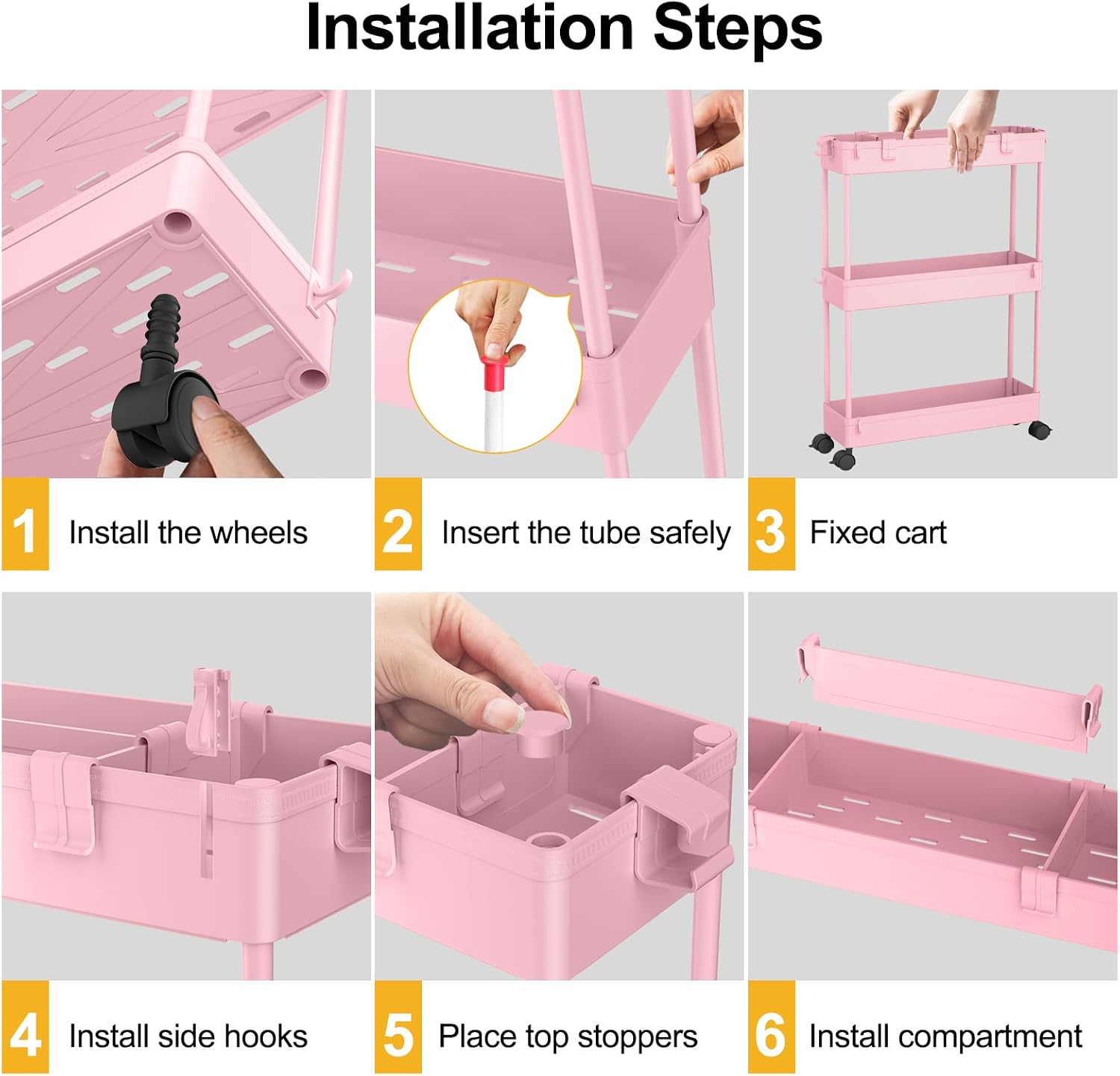  Slim Storage Cart 3 Tier,Bathroom Organizer Rolling Utility,Mobile Shelving Unit Slide Out for Office, Kitchen, Laundry Room & Narrow Places,Pink thumbnail