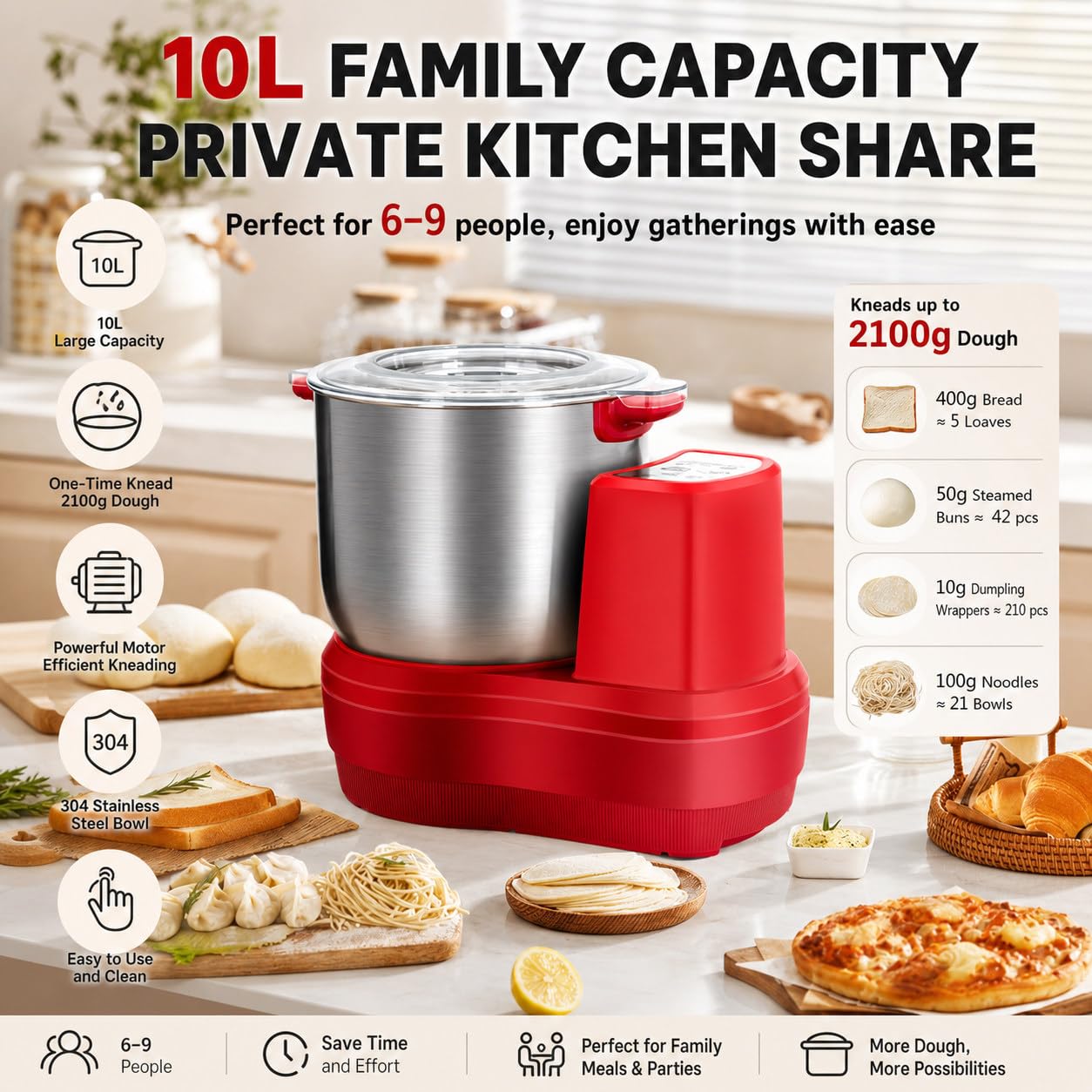 10L Mélangeur pâte Conception Divisée, Fermentation Machine électrique avec Fonction de Fermentation, mélangeur de pâte en Acier Inoxydable, Rouge