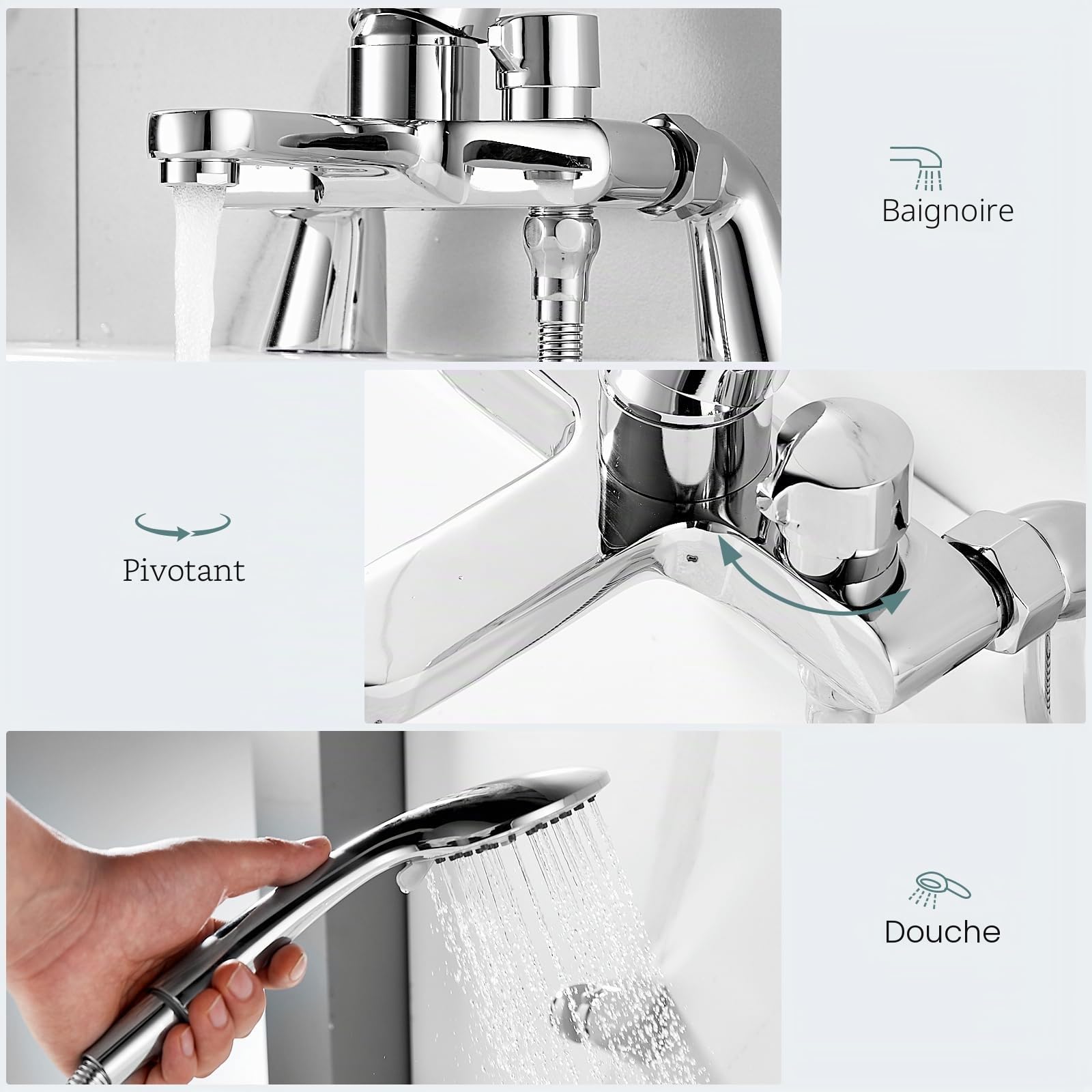 Ensemble de robinets de bain avec pommeau de douche Robinets de bain avec mitigeur de douche et pommeau de douche moderne à levier unique Robinets de bain et douche à montage sur pont En laiton chromé