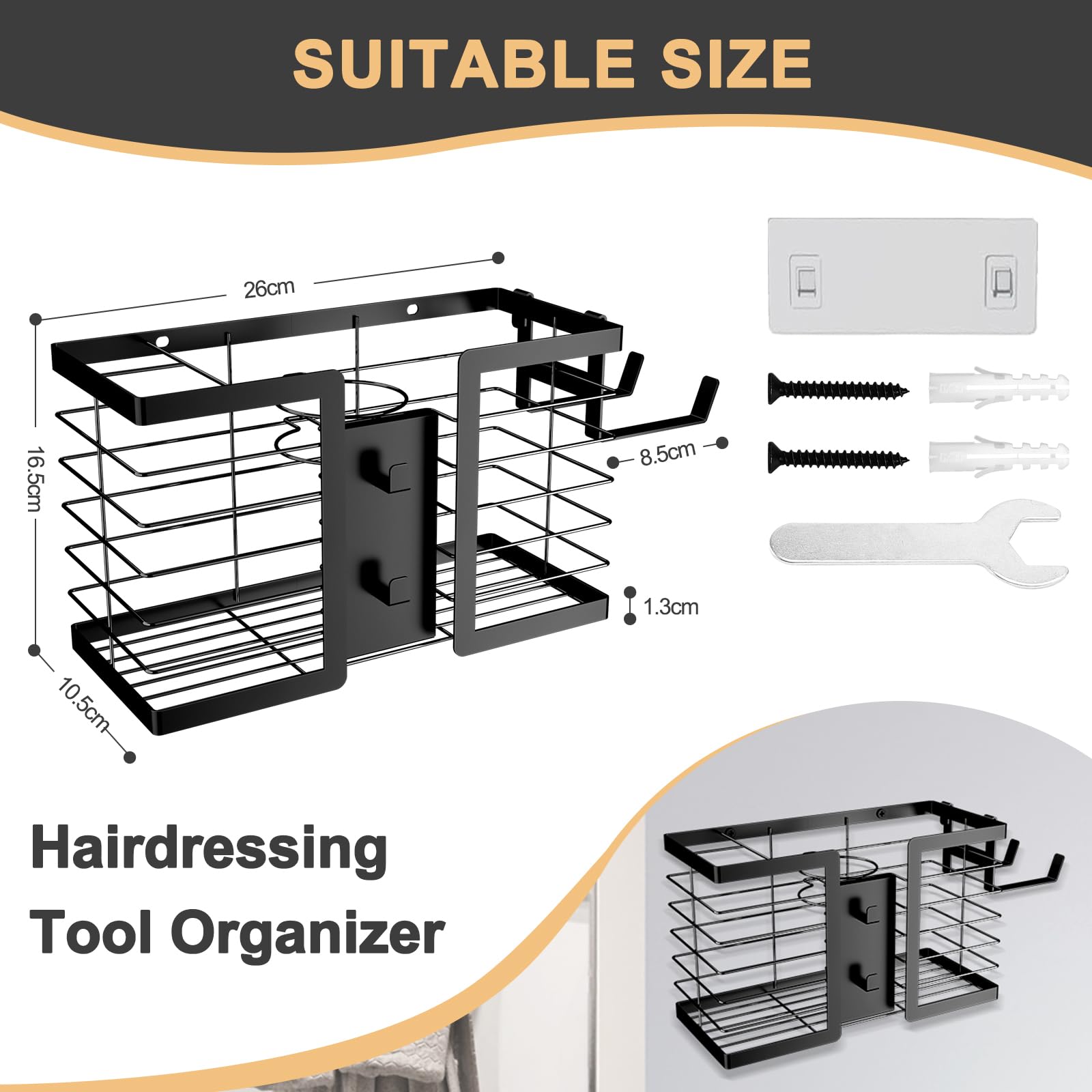 FUNKYLEE Organizer na narzędzia do włosów, uchwyt na suszarkę do włosów, metalowy organizer na suszarkę do włosów, uchwyt ścienny do prostownicy, lokówki, prostownicy, pielęgnacji włosów i stylizacji,