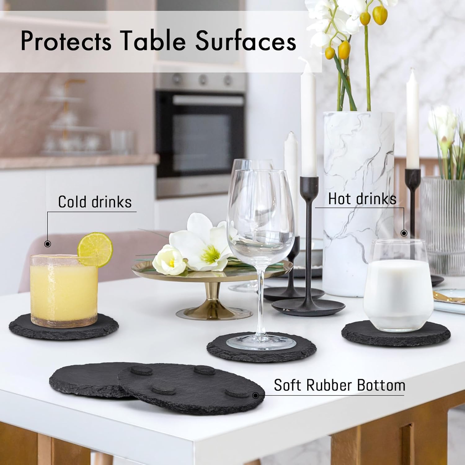 Slate Drink Coasters with Metal Holder, GOH DODD Set of 8 Black Coasters, 4 Inch Stone Coaster Set Tabletop Protection for Home Outdoor Kitchen Apartment Decor Housewarming Gifts Wedding Party, Round - Image 4