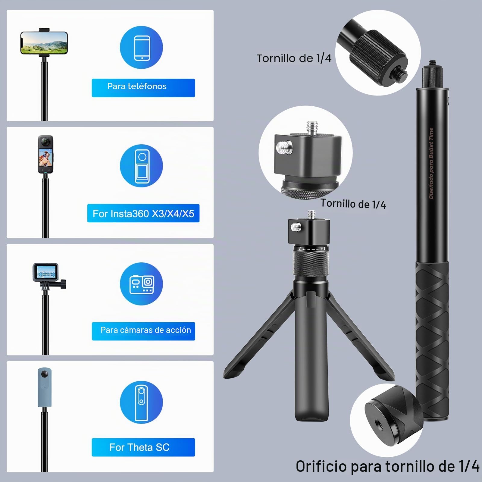 PULUZ Insta 360 Bullet Time Bundle para Insta360 X3 X4 X5 ONE X2, Palo selfie invisible de 114 cm y trípode con doble tornillo 1/4 para GoPro Hero 12 11 10 8 7 6 5 Osmo 360