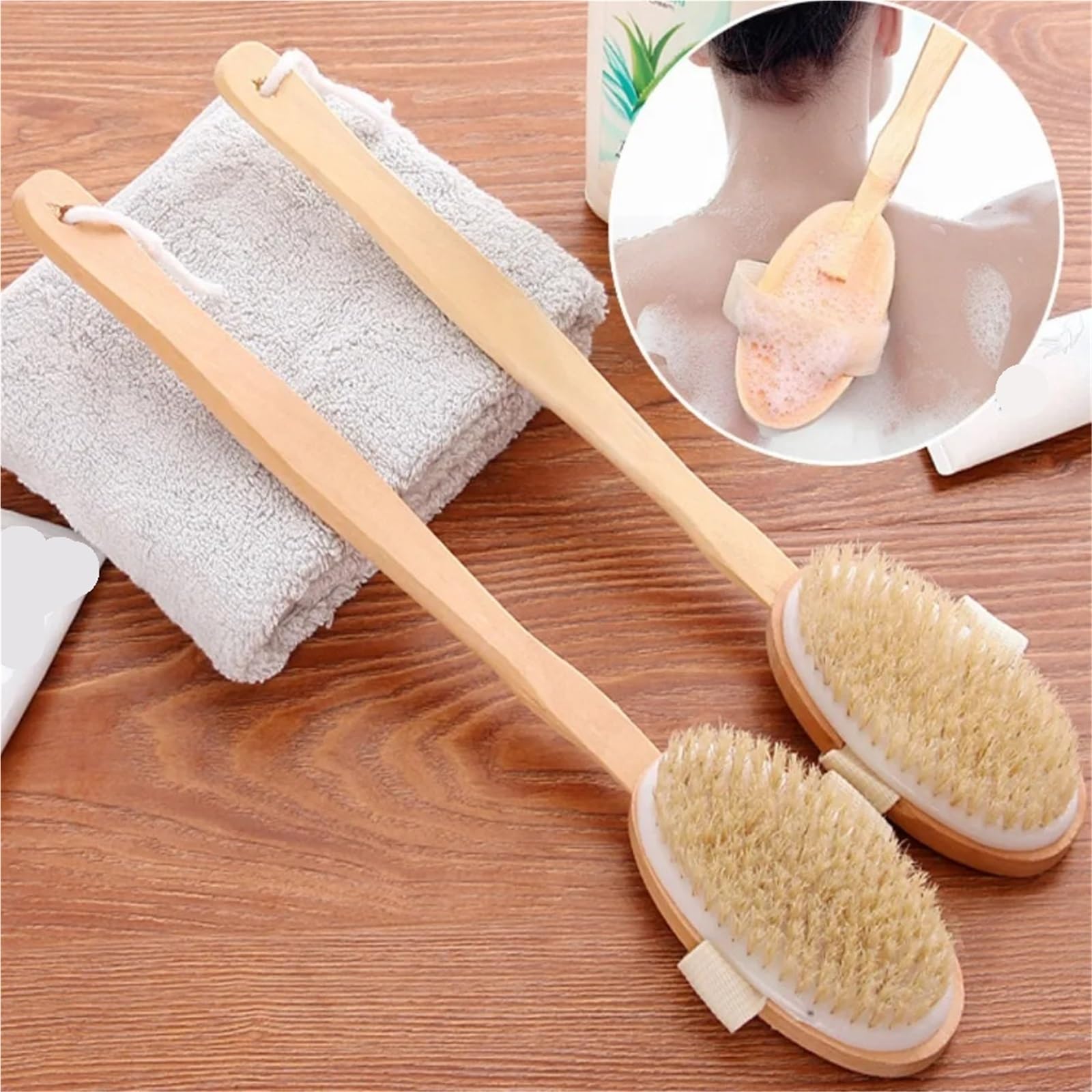 2 piezas de madera desmontable mango largo ducha cepillo corporal baño lavado masaje exfoliante herramientas para Mujeres, Hombres