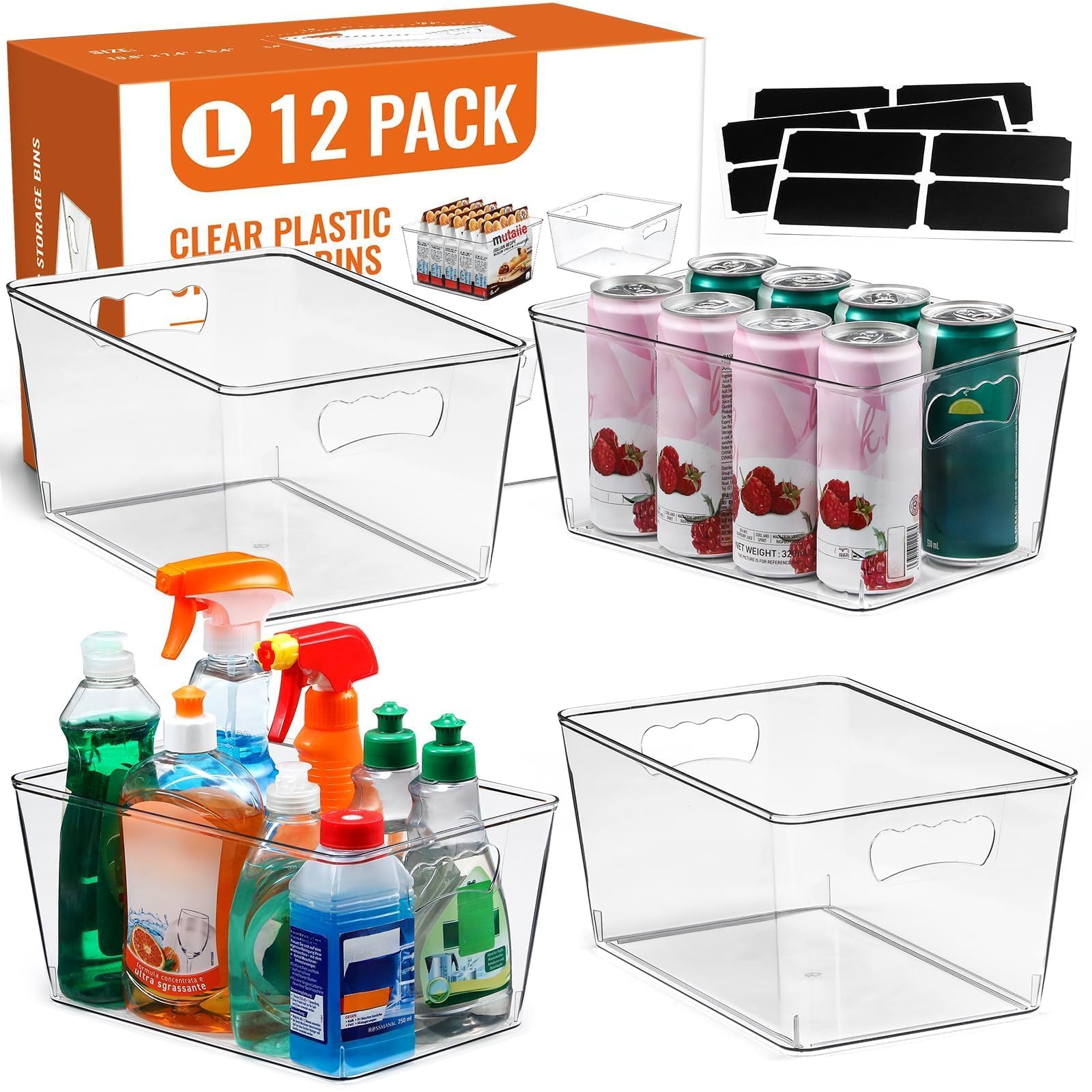 Large clear storage bins with handles organizing under sink backups, gloves, and extra cleaning supplies by category
