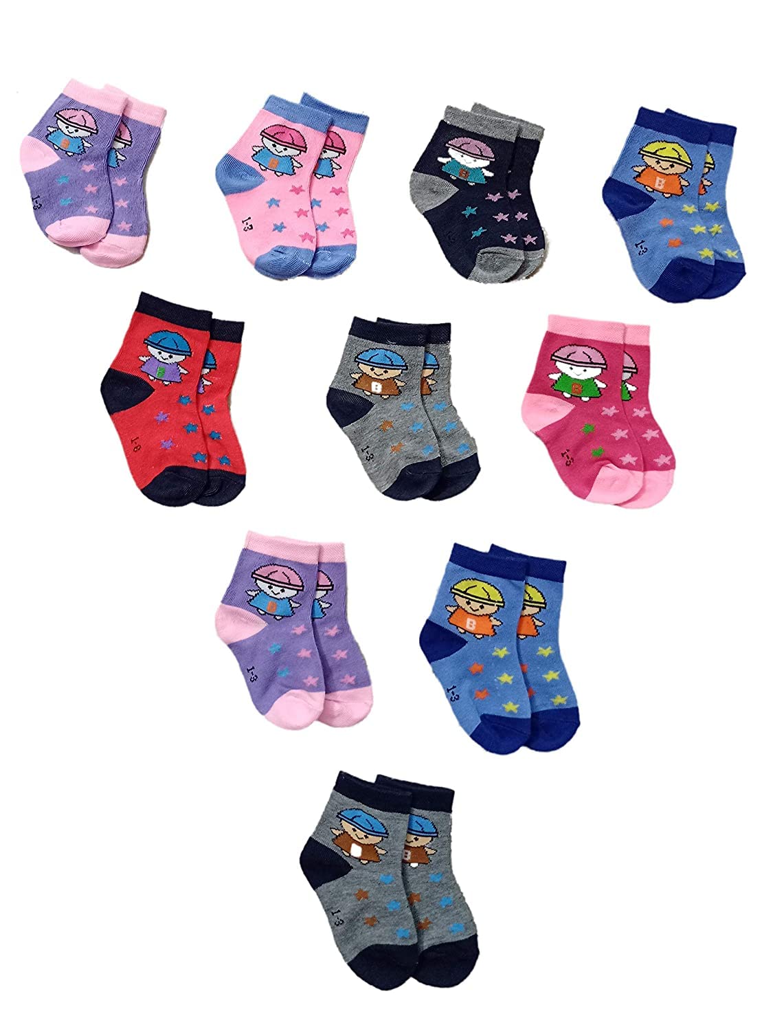 BRENDO baby boy and baby girl multicolor cartoon print poly-cotton socks (0-6 months) Pack of 10 pair combo