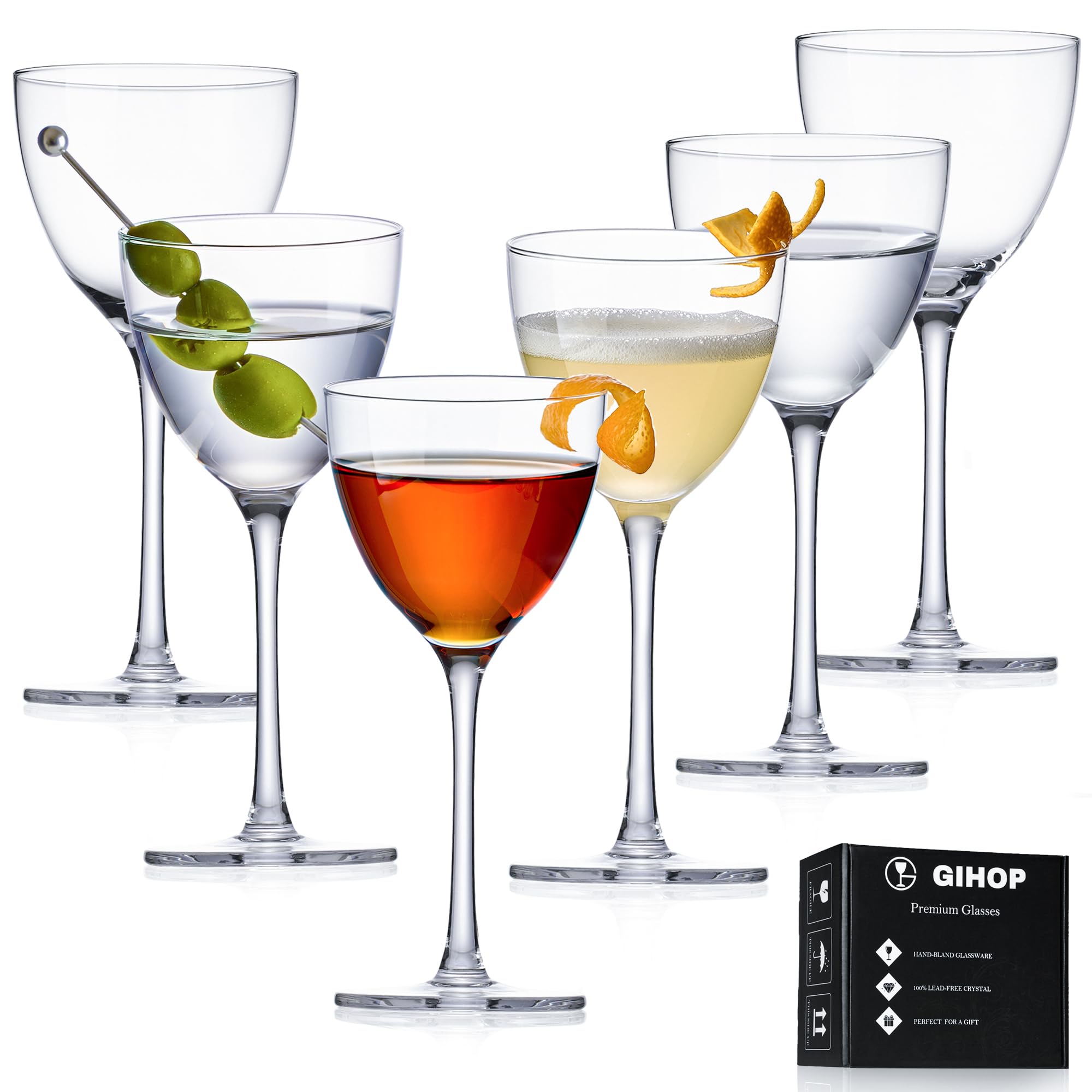 GIHOP Nick and Nora Cocktail Glasses, 5.8Oz Hand Blown Martini Glasses Set of 6, 100% Lead-Free Craystal Coupe Glassware, Small Cocktail Glasses for