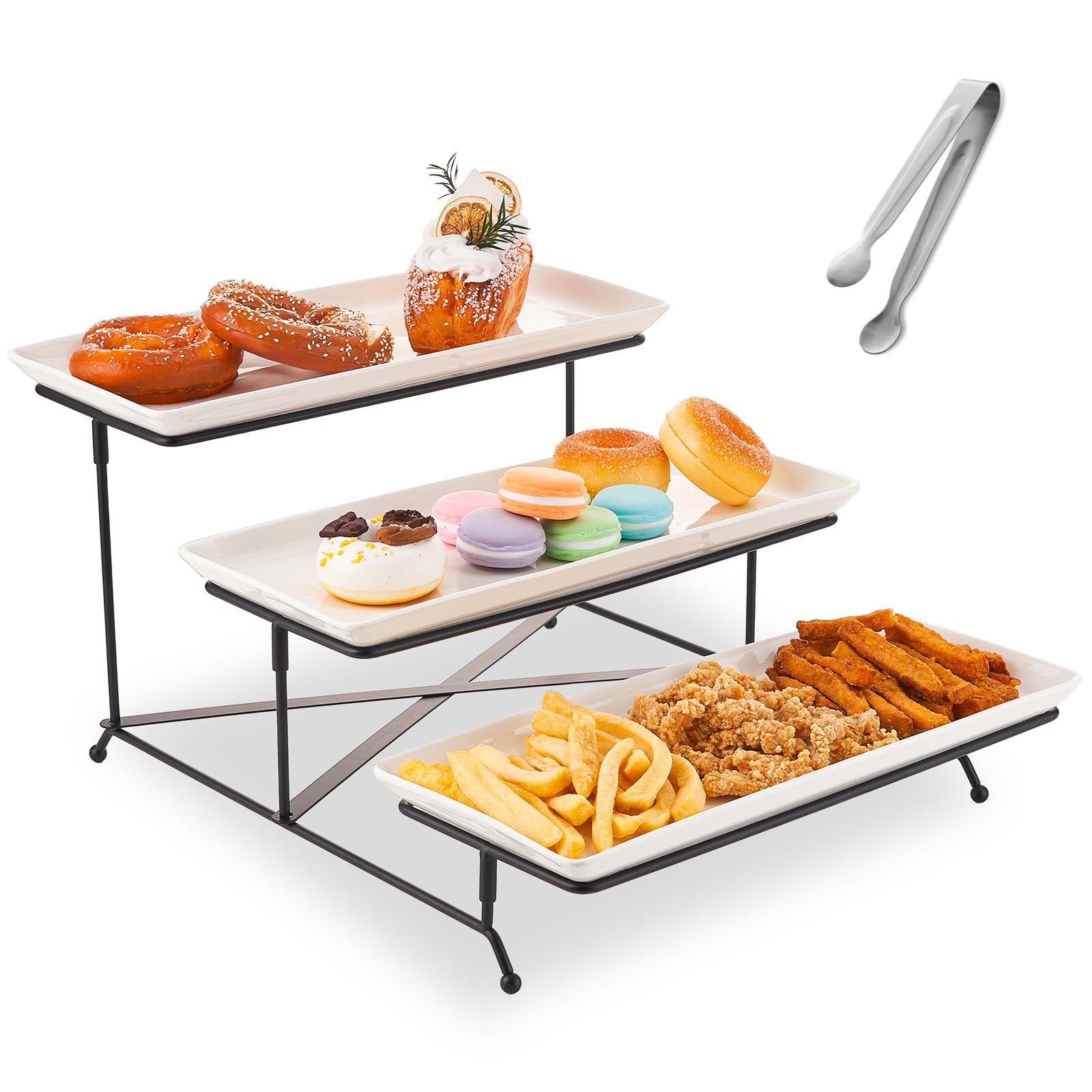 CHILDIKE 3 Tier Serving Tray for Party, Fruit Dessert Tiered Display Stand with White Ceramic Tray, 14 inch Serving Dish Platters for Entertaining with Collapsible Sturdier Black Iron Rack