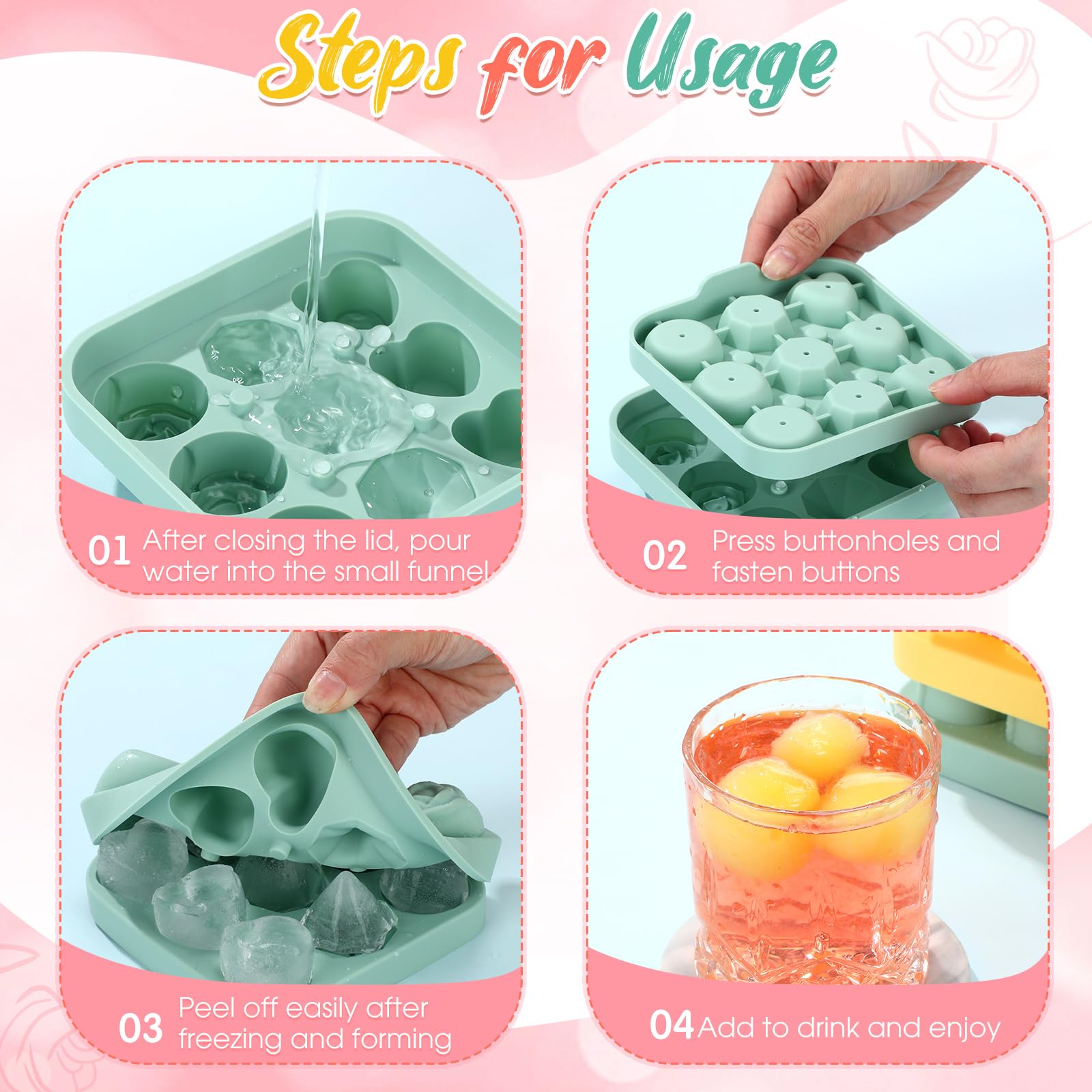 Censen Lot de 4 moules à glaçons 3D en silicone en forme de cœur avec couvercles faciles à démouler - Grande fleur - Pour jus de fruits (styles mixtes)