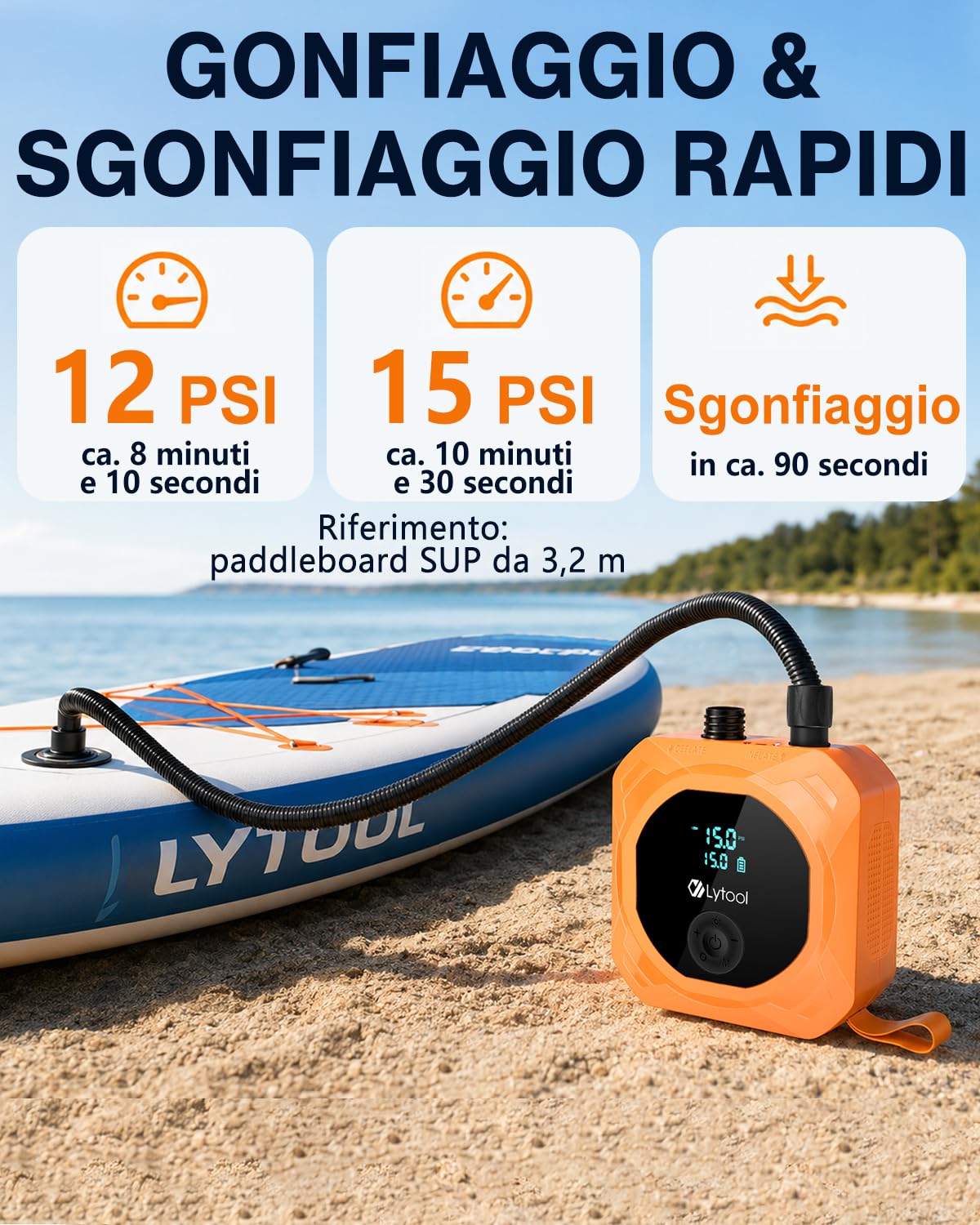 Lytool Pompa SUP Elettrica 50 PSI Alta Pressione,Gonfiatore Paddle 12V DC,Gonfiaggio e Sgonfiaggio Automatico a 3 Stadi,Arresto Automatico,Cavo Accendisigari 3M per Kayak,Materasso,Bici, Moto, Auto