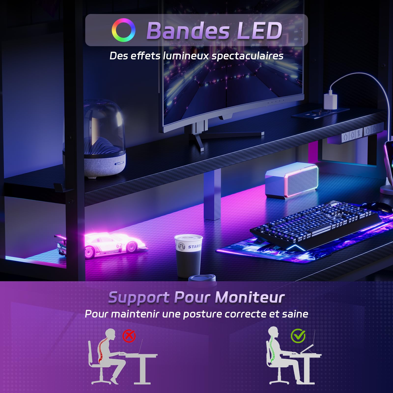 Devoko Bureau Gaming 140cm, LED & Prises, Panneau Grille & Vitrine, Noir