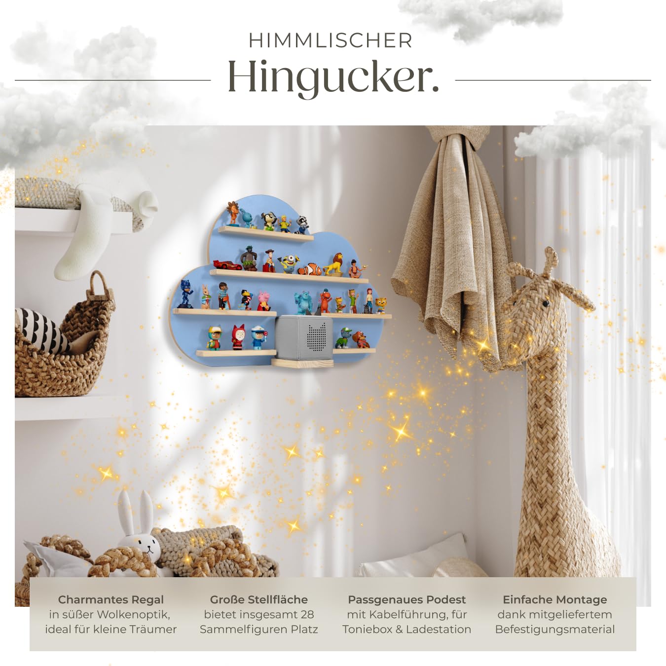 tectake® Holz Regal mit Magnetstreifen für Wand Montage, Tonieregal, Wandregal für's Kinderzimmer, Aufbewahrung Musikbox, für Tonies Tonie Hörfiguren und Toniebox - blau