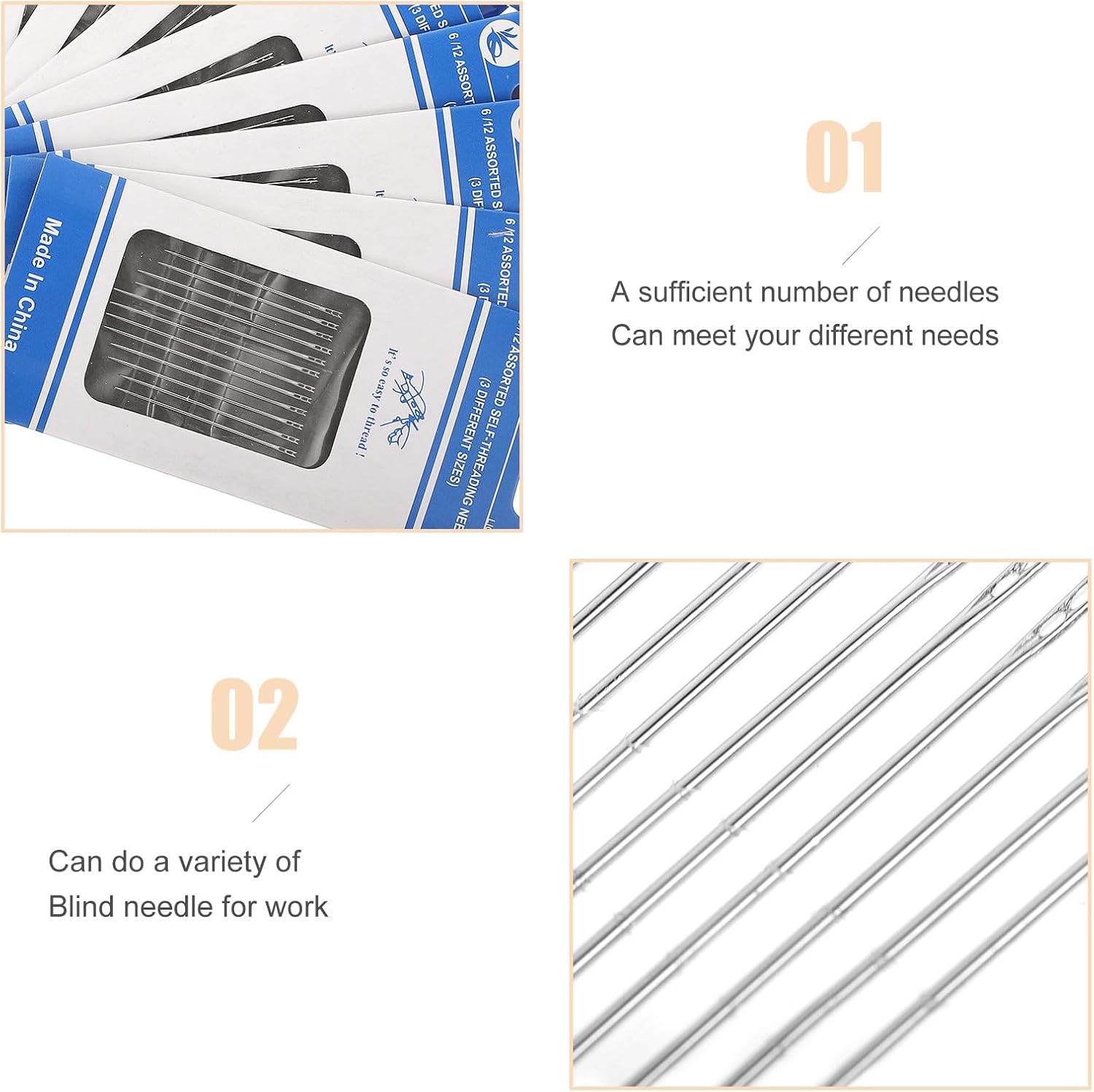 HAKIDZEL 120pcs Stainless Steel Hand Sewing Needles for Embroidery and Sewing, Easy to Operate DIY Blind Needle Designed for People with Poor Eyesight, Silver Color