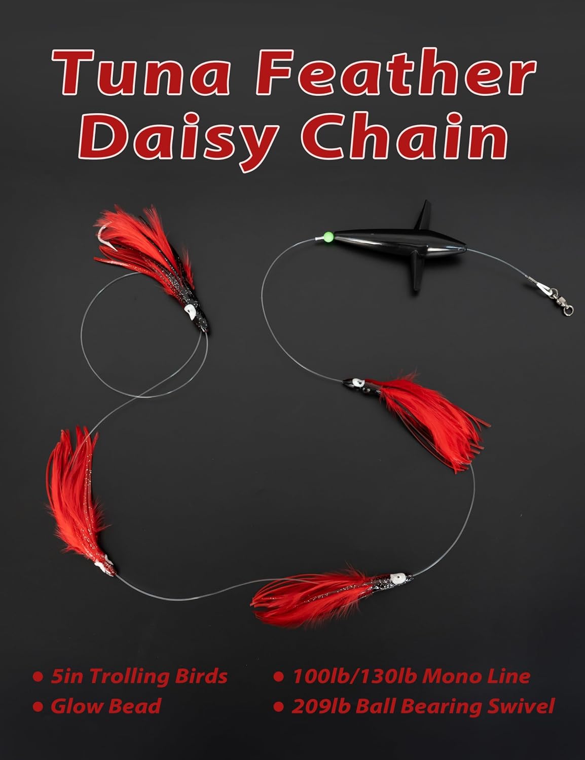 BLUEWING Tuna Feather Daisy Chain Fishing Teaser Lure with 6in Feathered Trolling Squids and Stainless Steel Hook Big Game for Tuna Mahi Wahoo Marlin, Black/Red