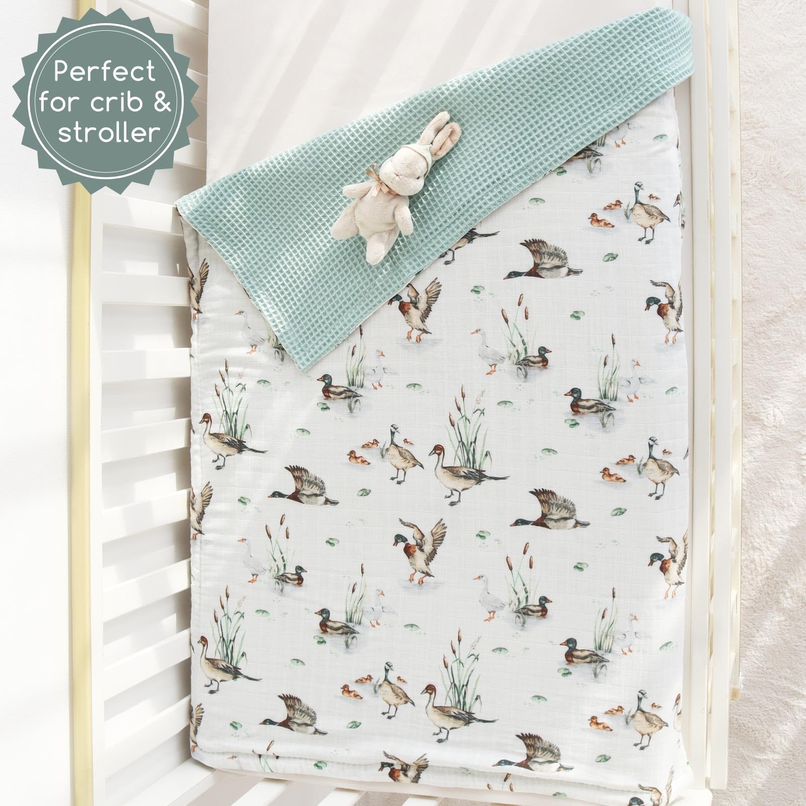 LifeTree Mantas de bebé de gofre, manta de muselina para niños y niñas, 2 capas para cochecito de cuna con parte delantera de muselina y respaldo de gofre para bebés recién nacidos