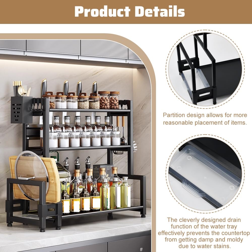 Organizador de Especias para Cocina, Estantería para Especias de 3 Niveles de Pie, Especieros para Cocina de Acero al Carbono con Soporte para Tabla de Cortar, Caja para Utensilios y 6 Ganchos