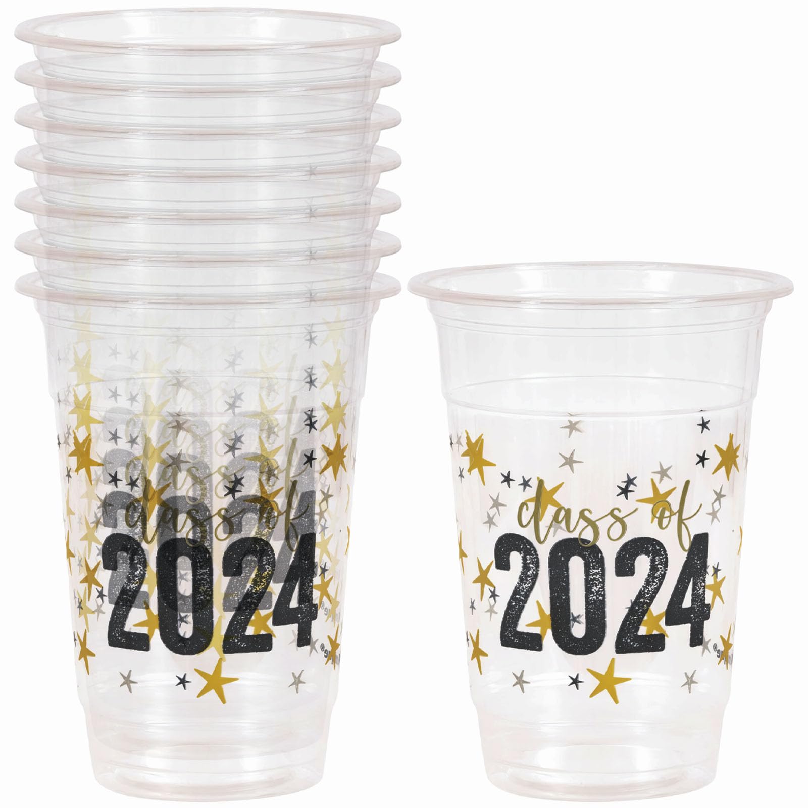 Unique Class of 2024 Golden Star Graduation Clear Plastic Party Cups 16 oz 8 Count - Durable Drinkware