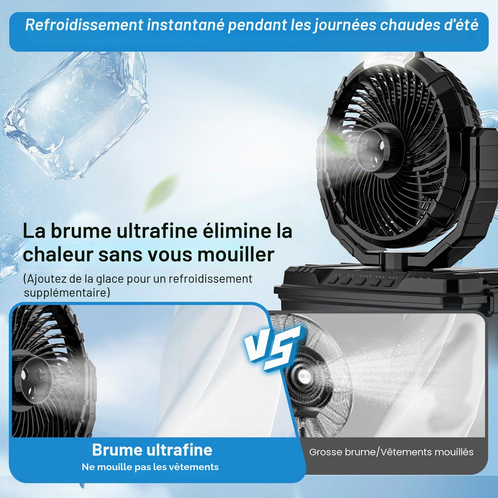 Ventilateur brumisateur portable avec réservoir d'eau de 9L, 3 vitesses, 3 modes de vaporisation, ventilateur de camping durable 20000mAh, oscillation à 80°, ventilateurs de refroidissement