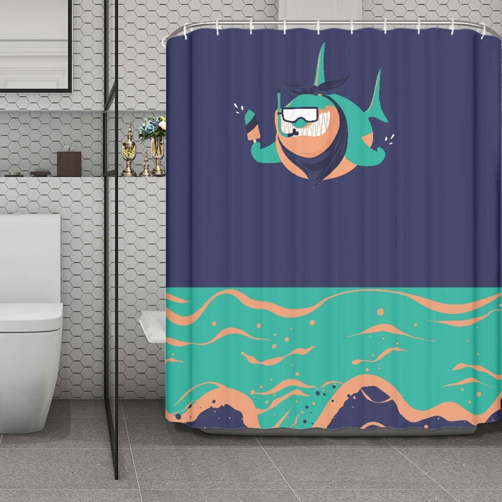 Rideau douche 200x240 poisson vert bleu baignoire imperméable avec crochets anti moisissure