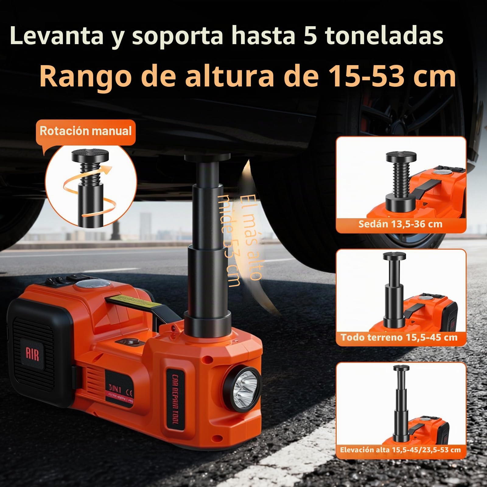 Gato hidráulico eléctrico 5T, 12 V, 180 W, con Bomba Inflable y luz LED, 150-540 mm, para Coche, SUV, sedán, MPV, camión, Cambio de neumáticos, reparación de Garaje