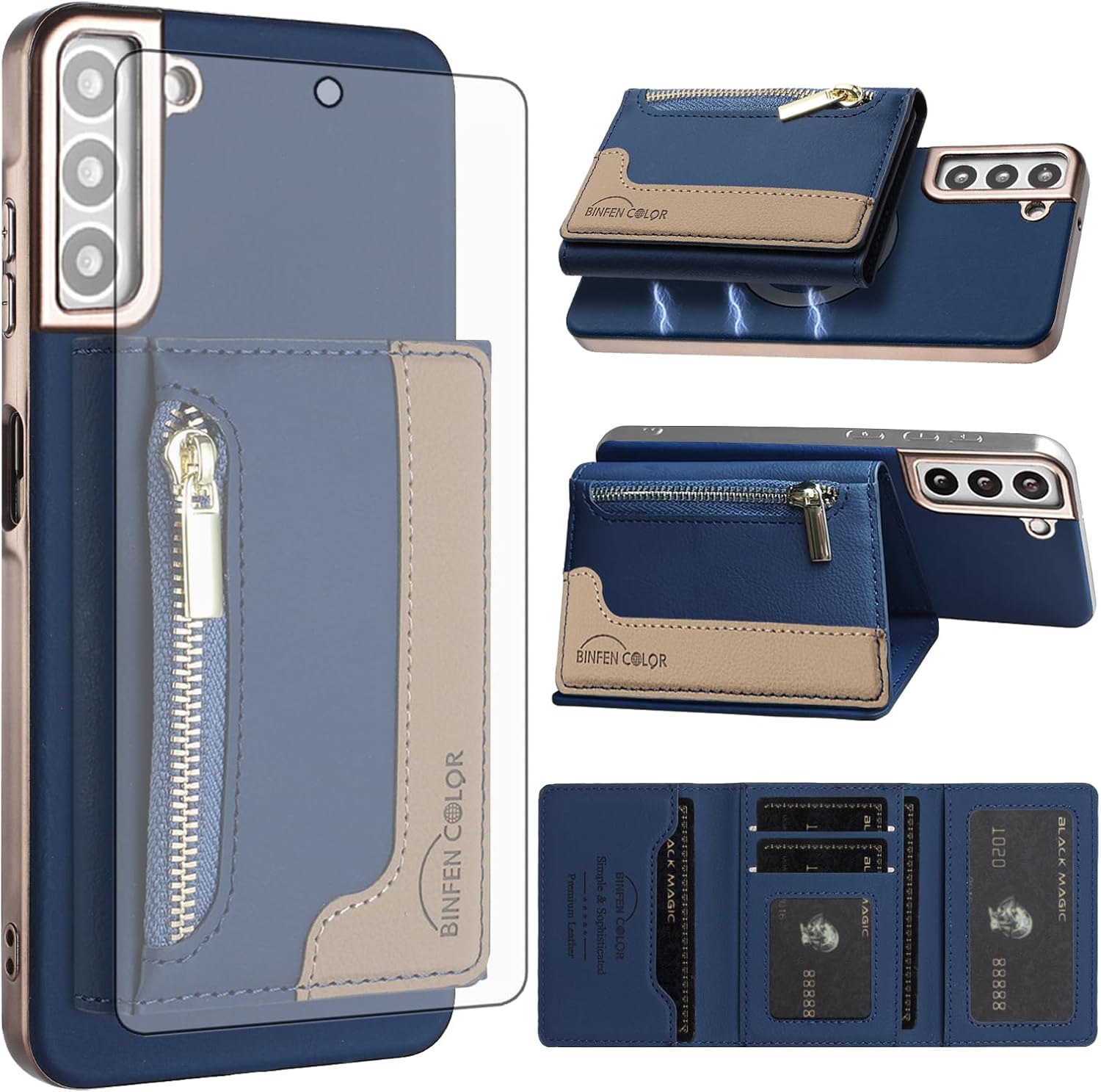 Asuwish Phone Case for Samsung Galaxy S23 5G Wallet Cell Cover Compatible with Magsafe RFID Tempered Glass Screen Protector Credit Card Holder Stand S 23 23S GS23 G5 SM-S911U 6.1 inch Women Dark Blue