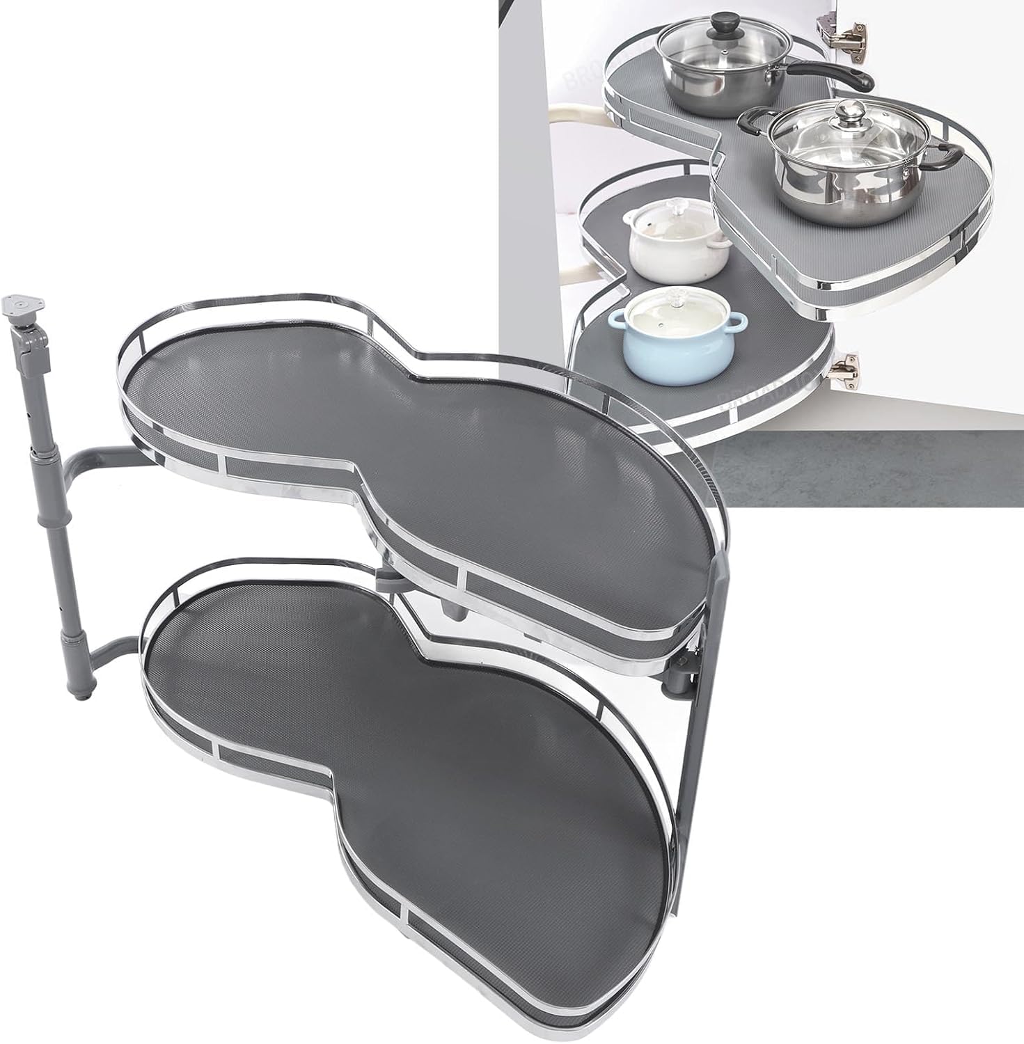 Shelf for Kitchen Pull-Out, 2 Tiers Tray Adjustable Height, Carousel Storage Rack Pull-Out Corner, Organizer with Soft Close for Blind Base Corner Cabinets, Swing Left/Right