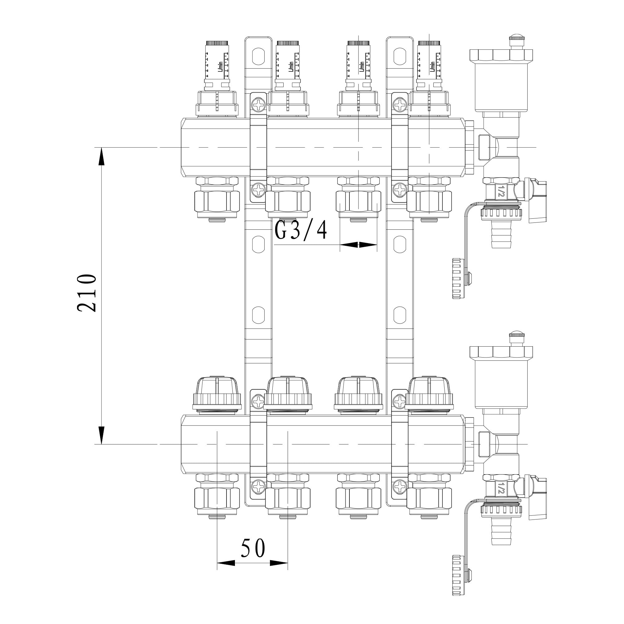 VANCOCO Collettore Pavimento Riscaldatore in Ottone per 4 Circuiti con Raccordo Eurokonus 16 × 2 mm, Collettore per Riscaldamento con Flussometri Kit di Spurgo Rapido