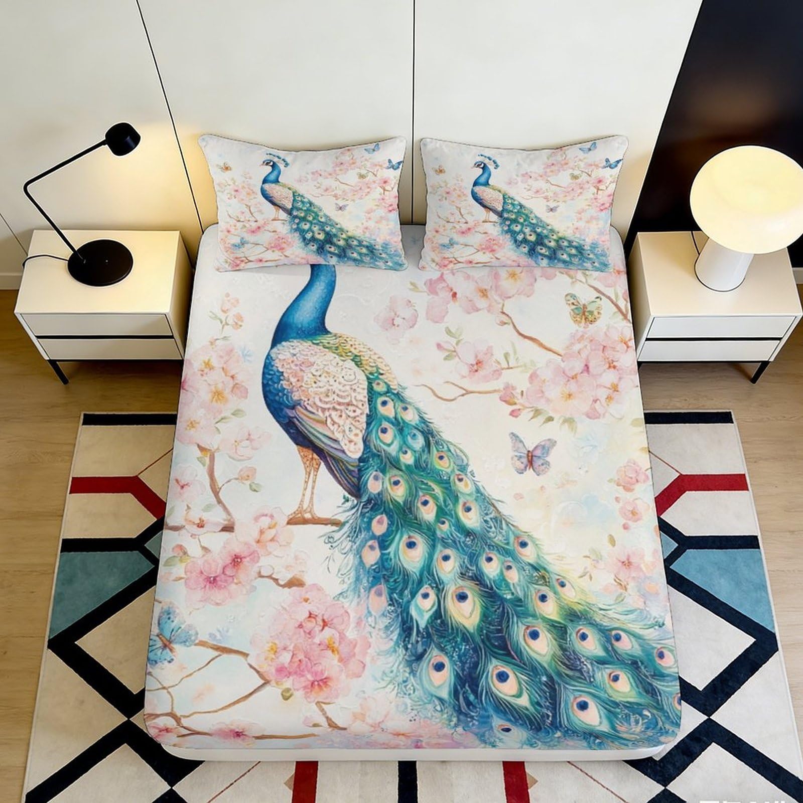 3D Printed Peacock Blossom Fitted Sheet Microfiber Soft Anti-Slip Mattress Cover for Bedroom Dorm Decor Easy Care 90x200x25cm