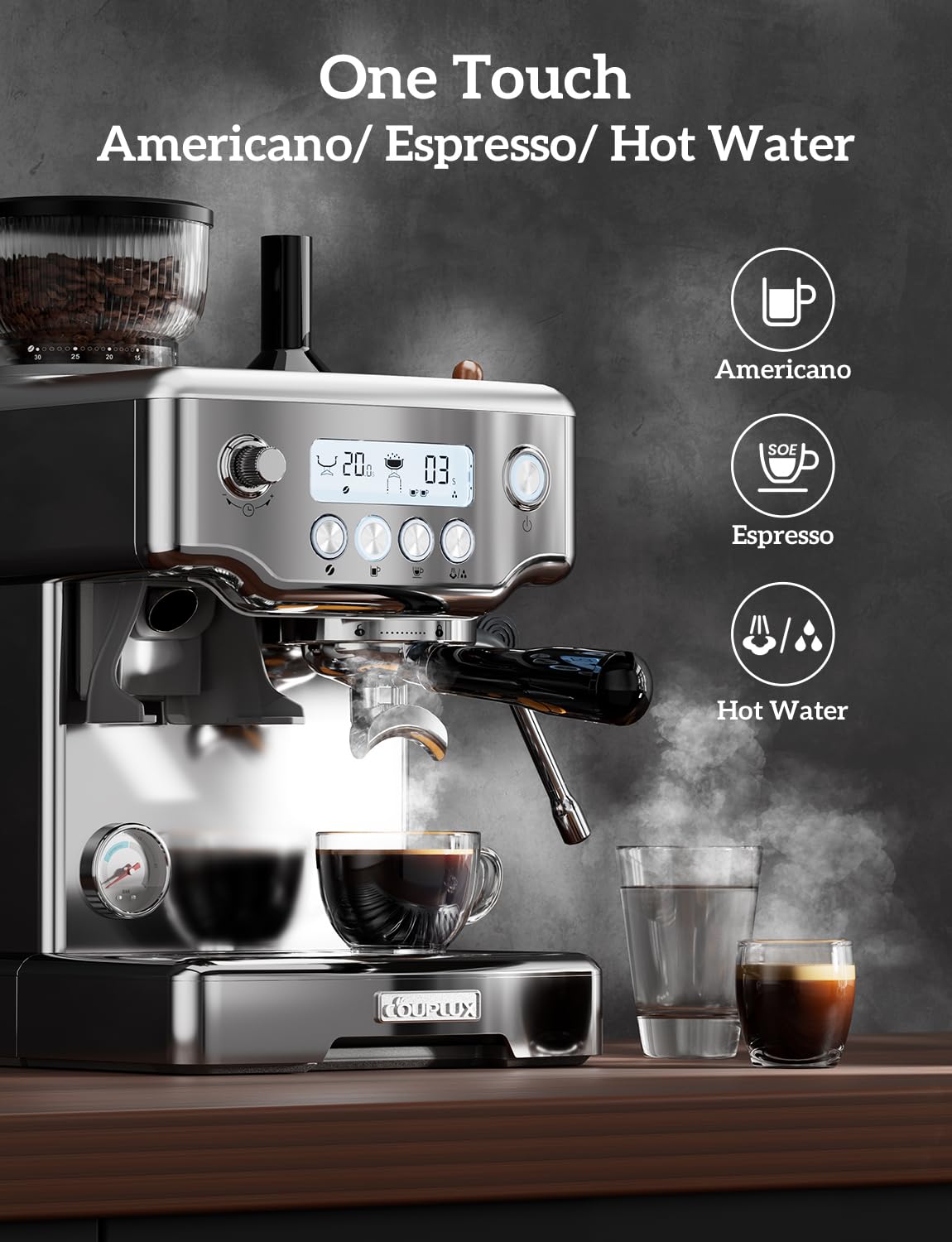 COUPLUX Máquina de café expreso, 4 en 1, máquina de café expreso profesional de 58 mm con amoladora, ajuste de 5 temperaturas y cafetera de café expreso compacta, 15 barras con potente espumador de