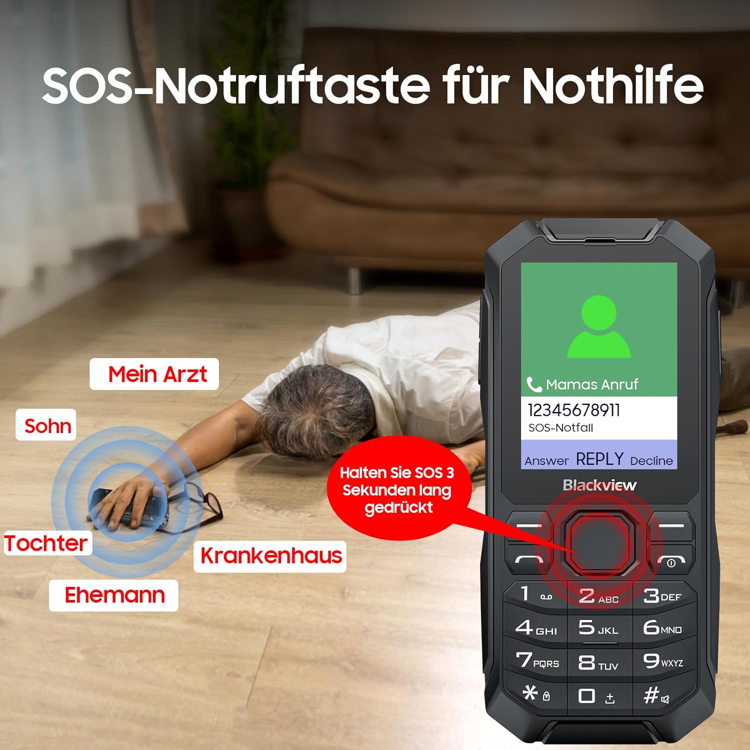Diagram illustrating the SOS emergency call function of the Blackview N1000, showing how holding the SOS button for 3 seconds triggers calls to pre-set contacts like 'Mama's Call', 'Son', 'Daughter', 'Husband', and 'Hospital'.